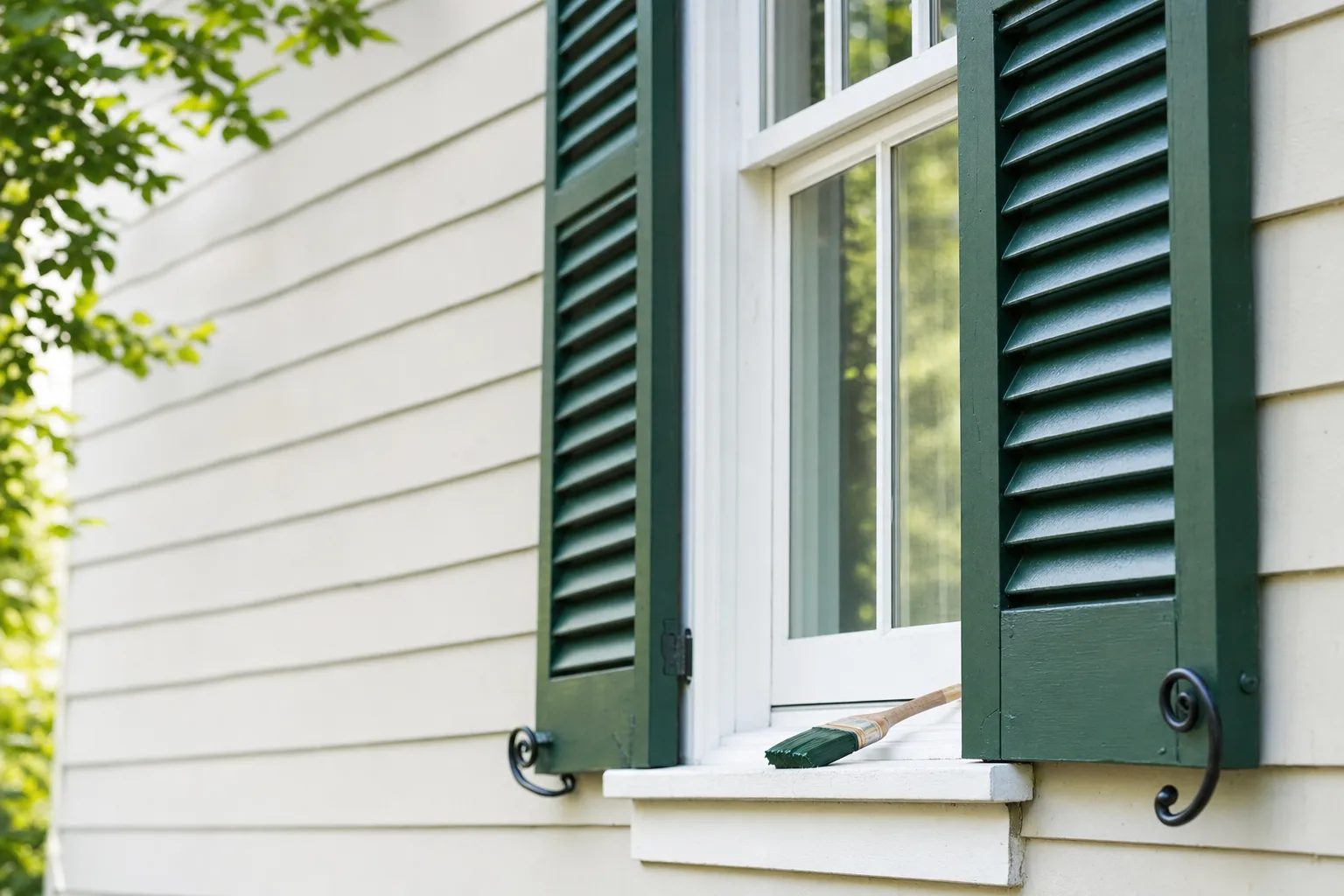 Freshly painted deep-green exterior shutters against light siding