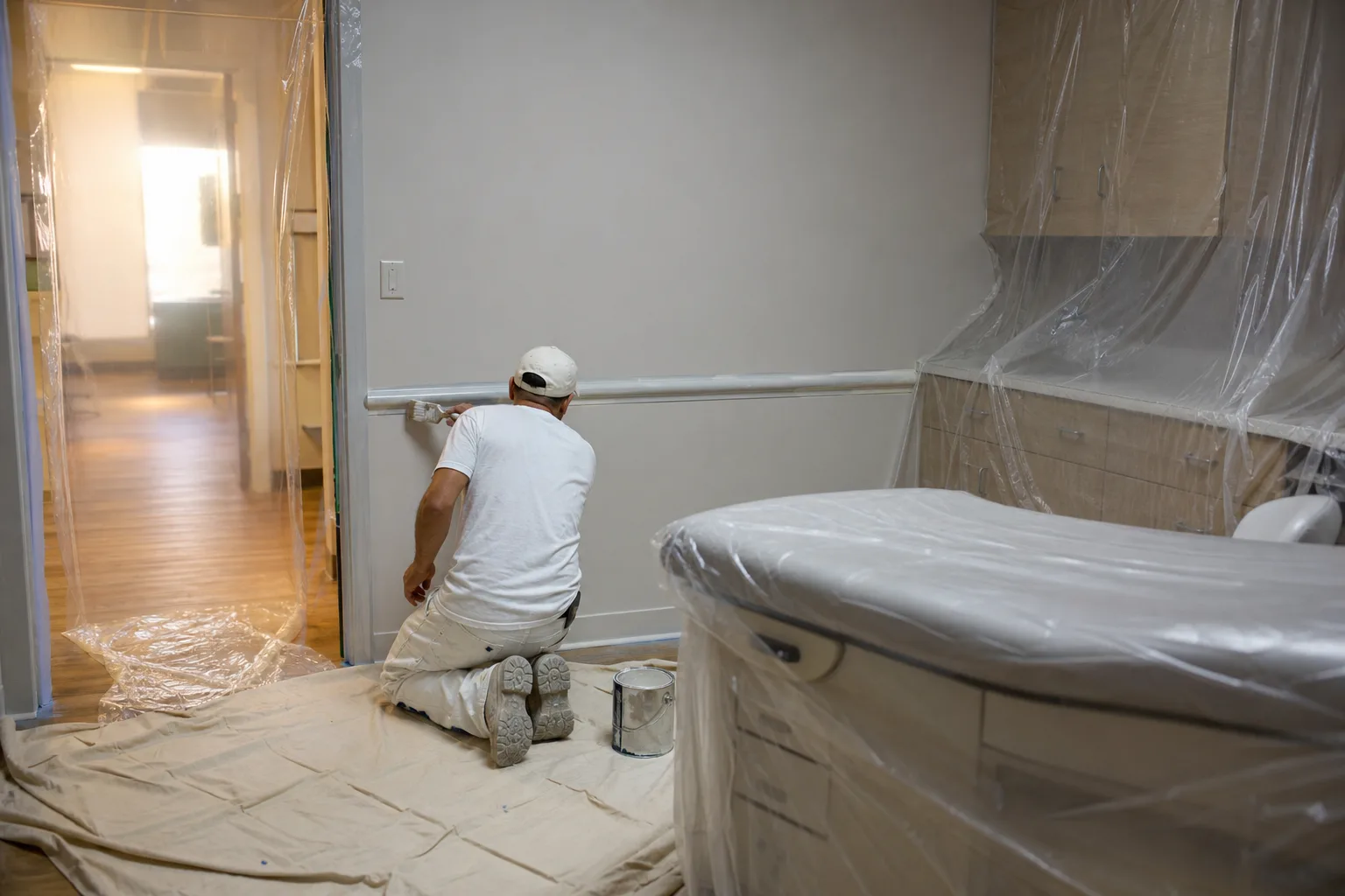After-hours repaint of an empty medical exam room sealed behind containment while the rest of the clinic stays open