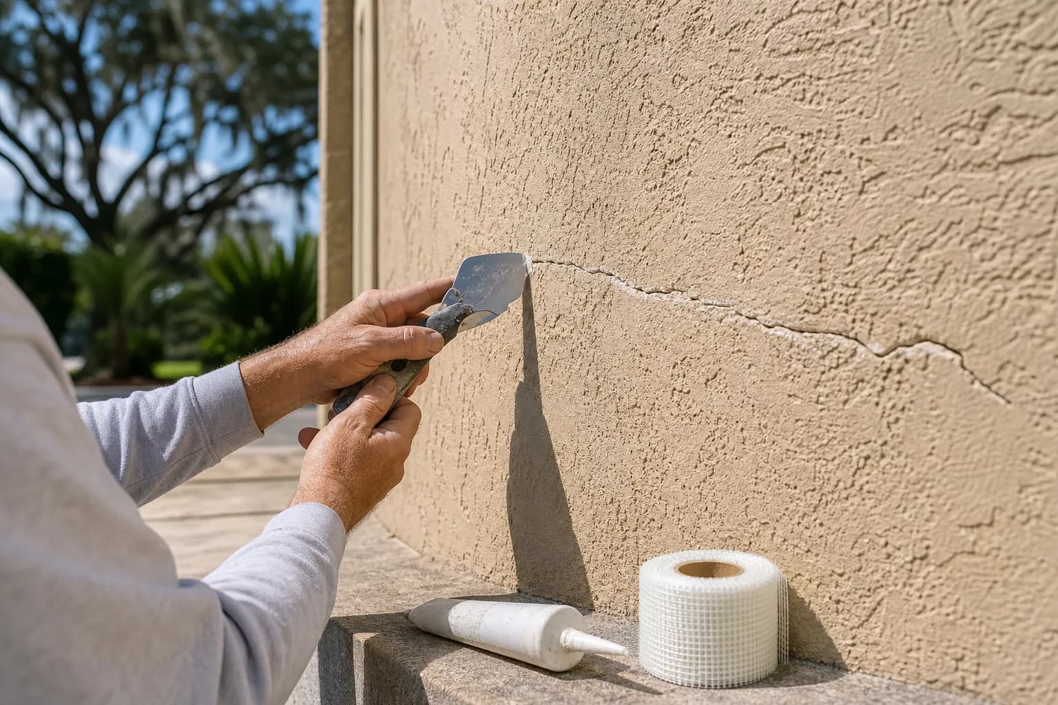 Homeowner opening a hairline stucco crack with a hand tool before patching and painting
