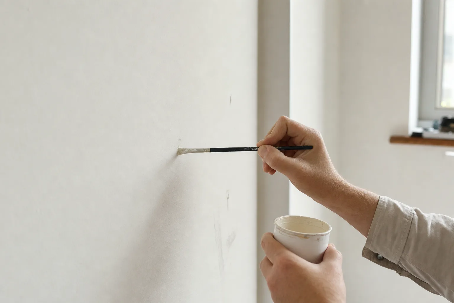 Hand using a small brush to touch up a scuff on a painted wall