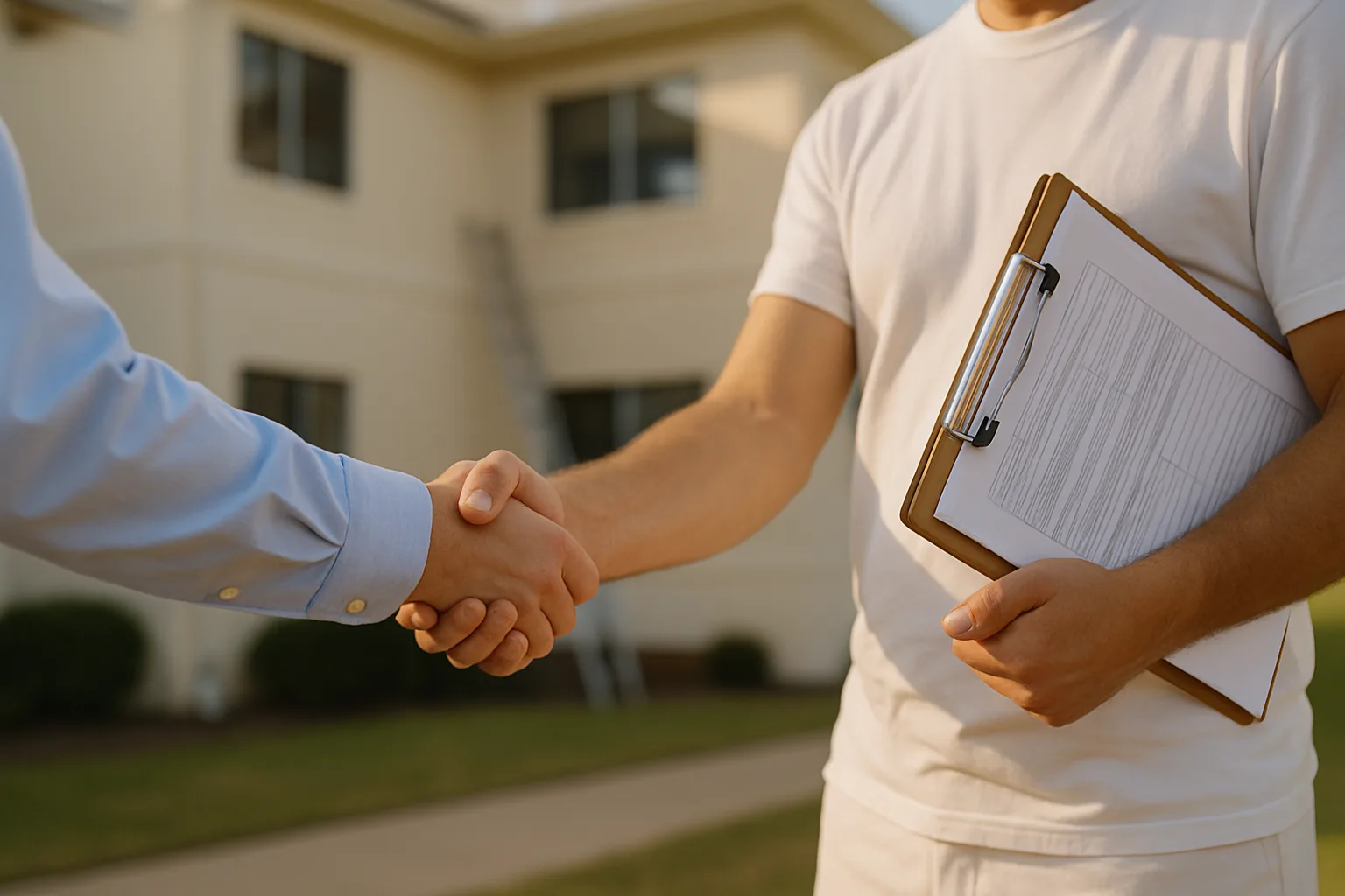A business owner vetting and hiring a commercial painting contractor outside a freshly painted office building