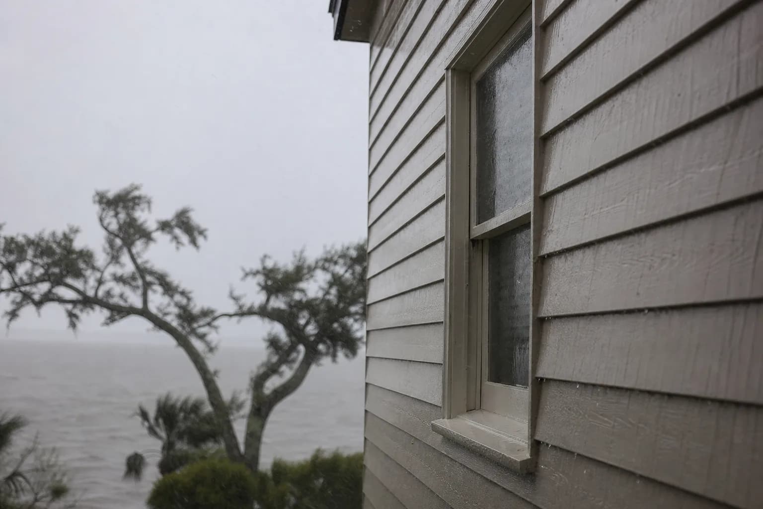 Wind-driven rain blowing sideways against the lap siding and window of a Gulf Coast home during a storm