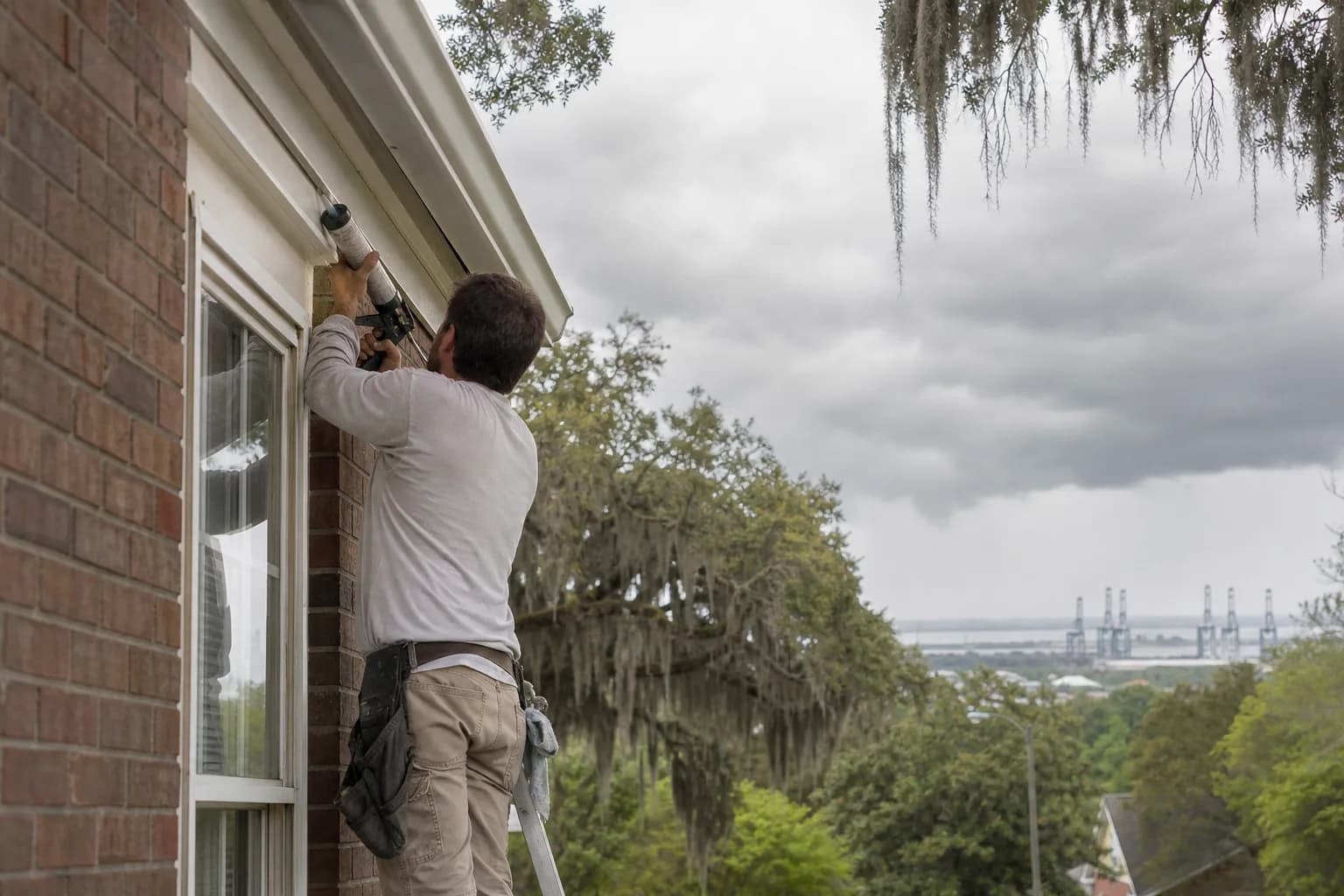 Sealing exterior window trim on an older Mobile, AL home as pre-hurricane-season paint protection