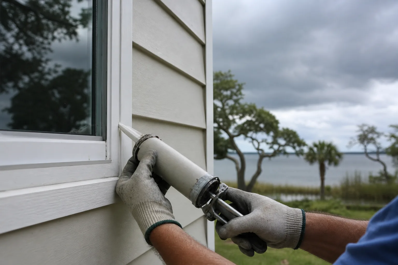 Sealing exterior trim gaps as hurricane season prep to protect a home's paint from storm water