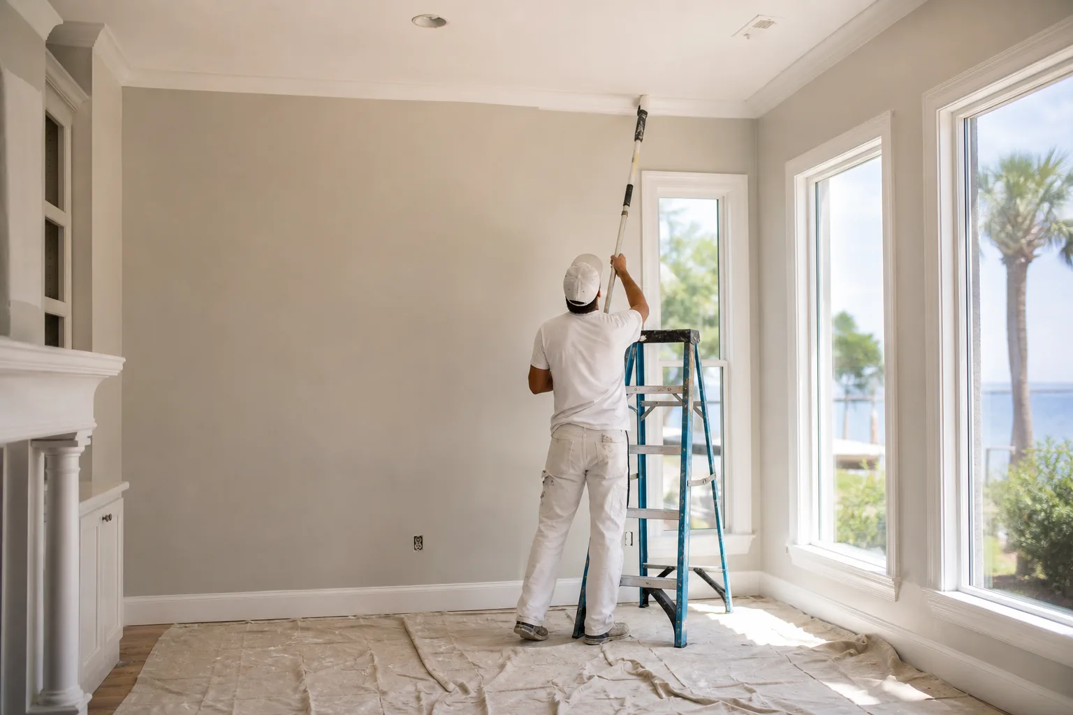 Interior house painter cutting in a crisp ceiling line in a freshly painted Mobile-area living room with drop cloths over hardwood floors