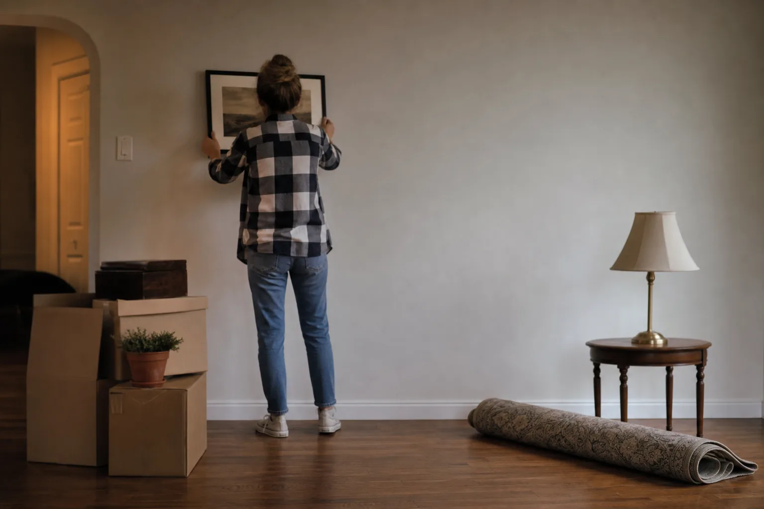 Homeowner taking framed art off the wall while prepping a cleared living room the night before interior painters arrive