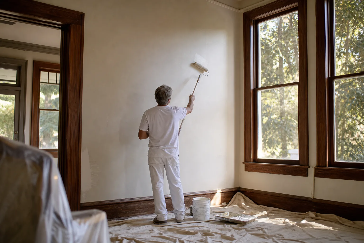 Interior painter repainting the wall of an older Fairhope home with high ceilings and original wood trim