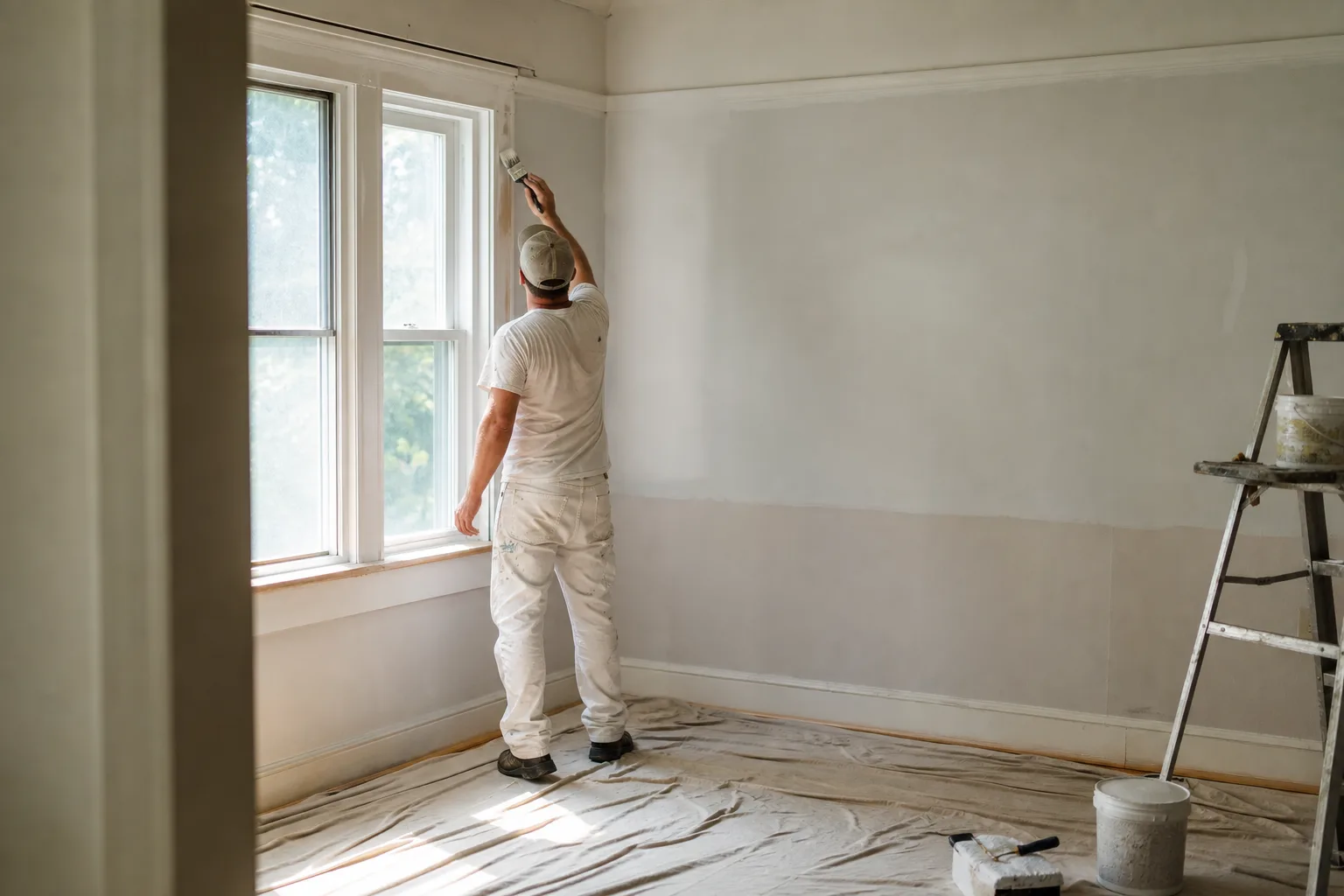 Painter cutting in trim inside a historic Midtown Mobile bungalow with plaster walls, illustrating interior painting for older Mobile homes
