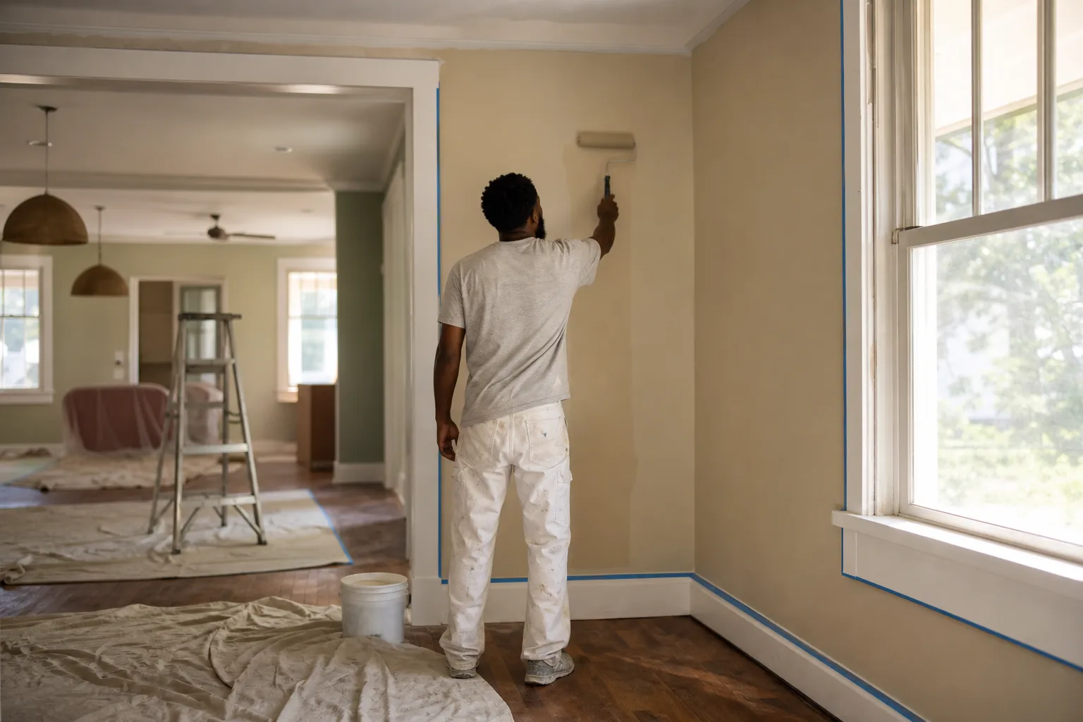 Interior painters in Mobile, AL rolling a fresh neutral during a whole-home color refresh