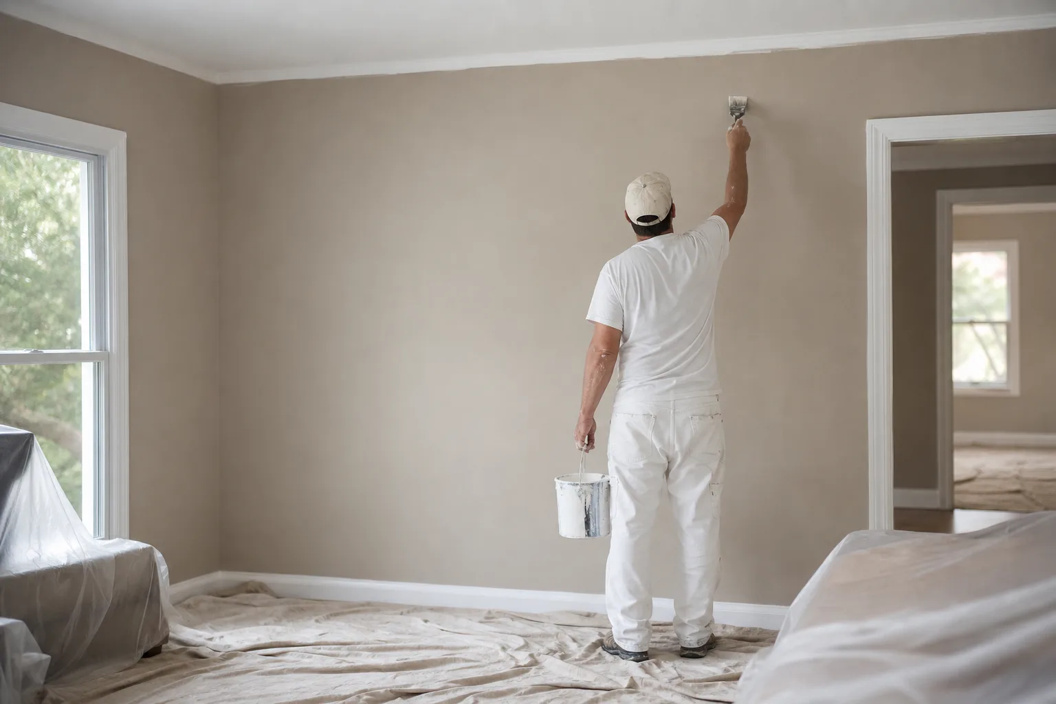 Interior painter cutting in a ceiling line during a whole-home repaint inside an older Saraland, AL home