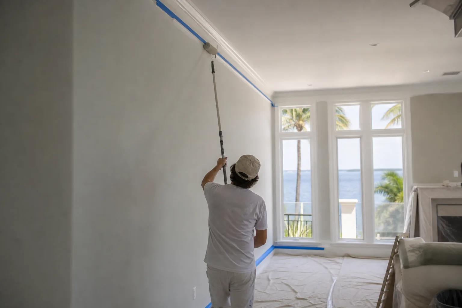 Painter cutting in a ceiling line inside a tall living room, illustrating how interior painting cost per square foot is figured from wall and ceiling area