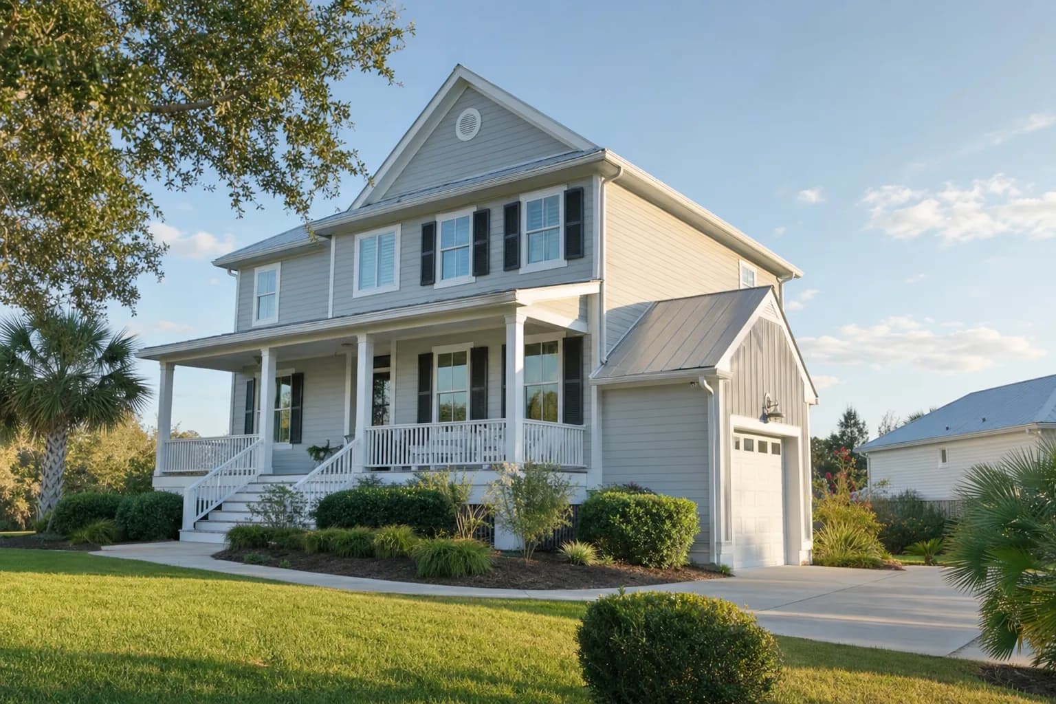 Two-story Gulf Coast home with freshly painted light siding and white trim