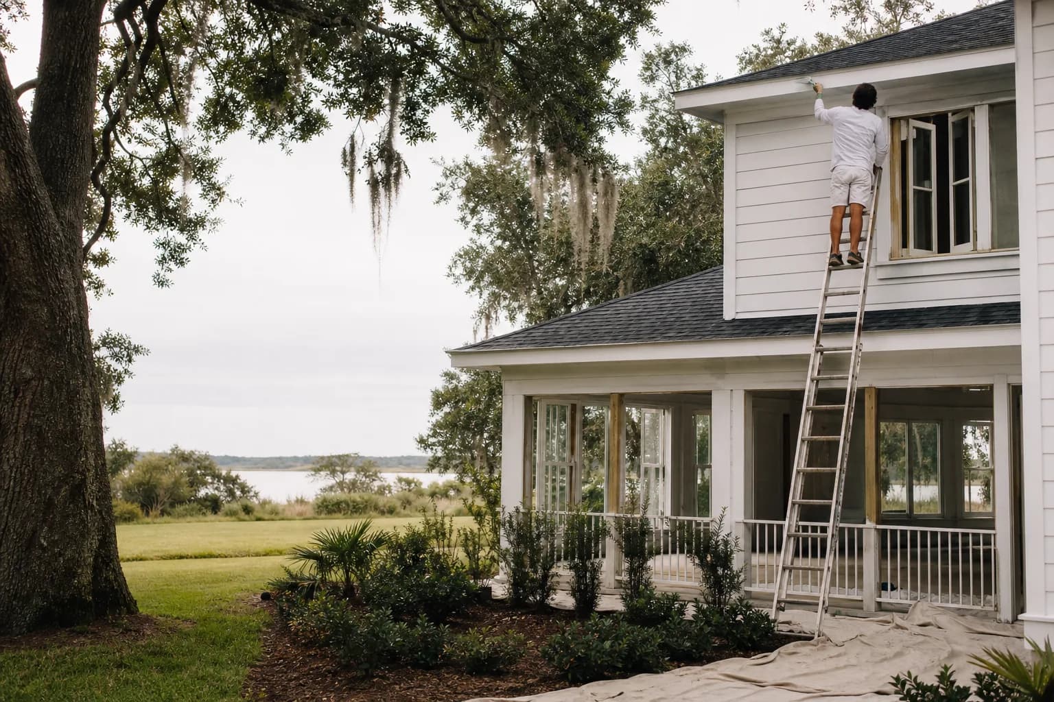 A Gulf Coast home being painted inside and outside at once, illustrating whether it is cheaper to paint interior and exterior together
