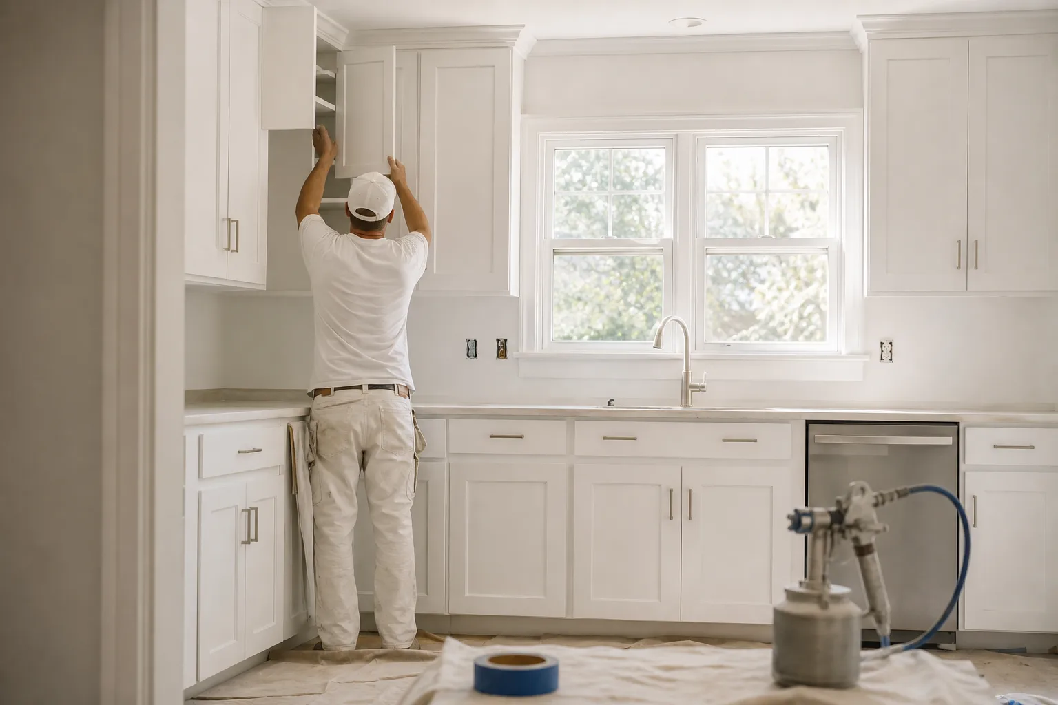 Freshly painted white Shaker kitchen cabinets with a smooth satin finish and brushed-nickel hardware in a Mobile Bay home
