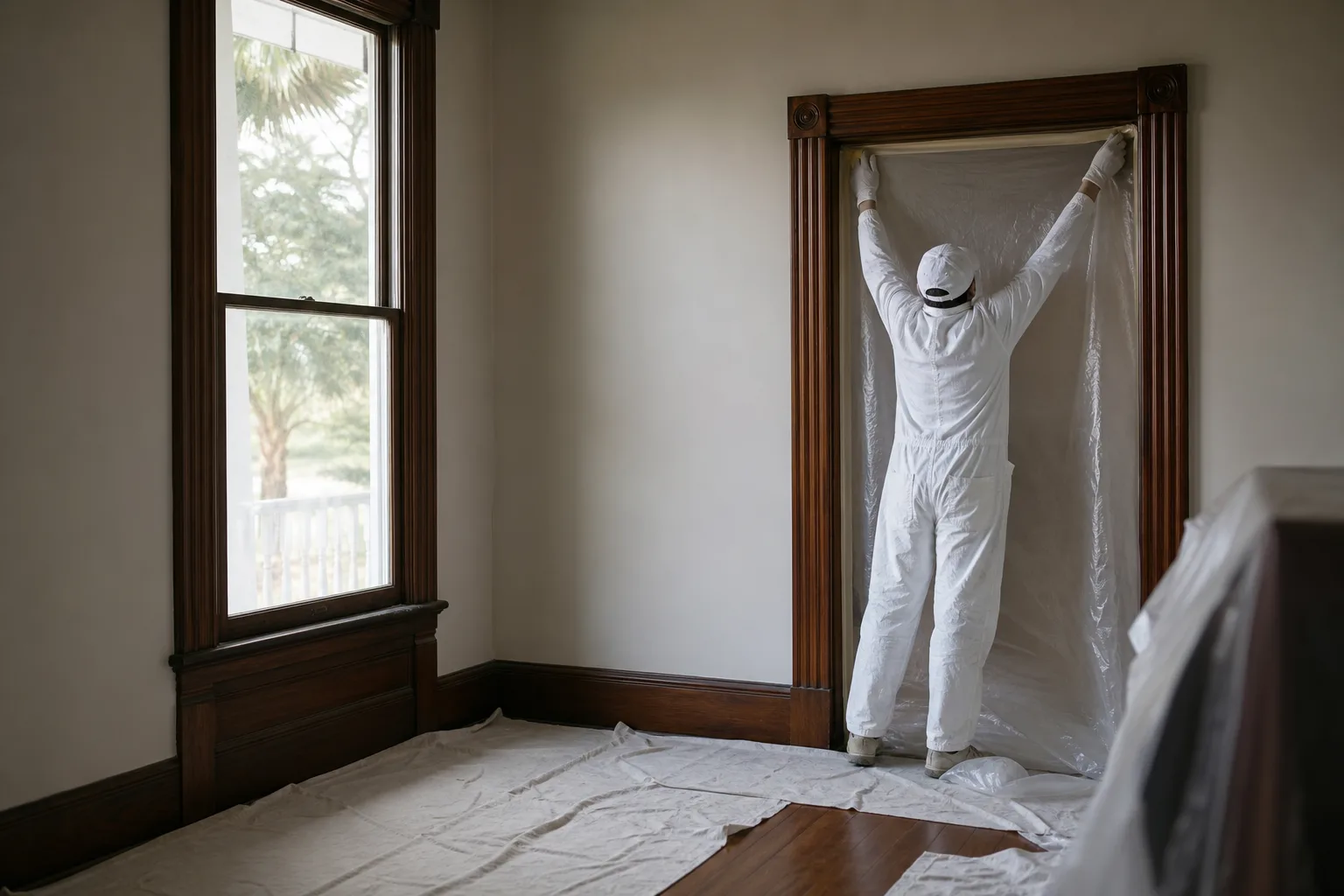 Lead-safe interior painting setup with plastic containment in a pre-1978 Gulf Coast home