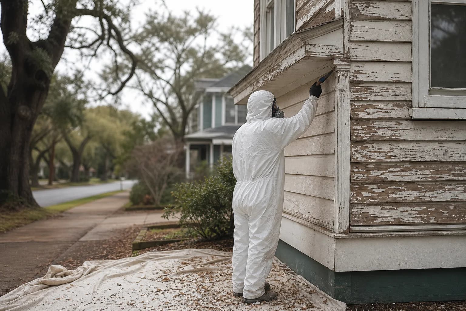 Lead-safe exterior paint prep on an older home in Mobile, AL with ground containment