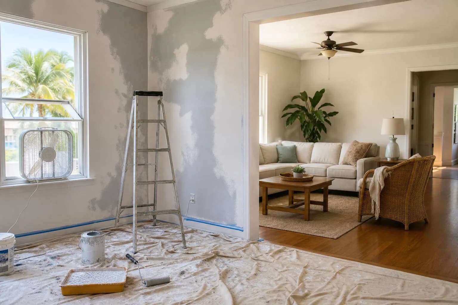 A home being repainted room by room while an adjoining living area stays clean and usable for daily life