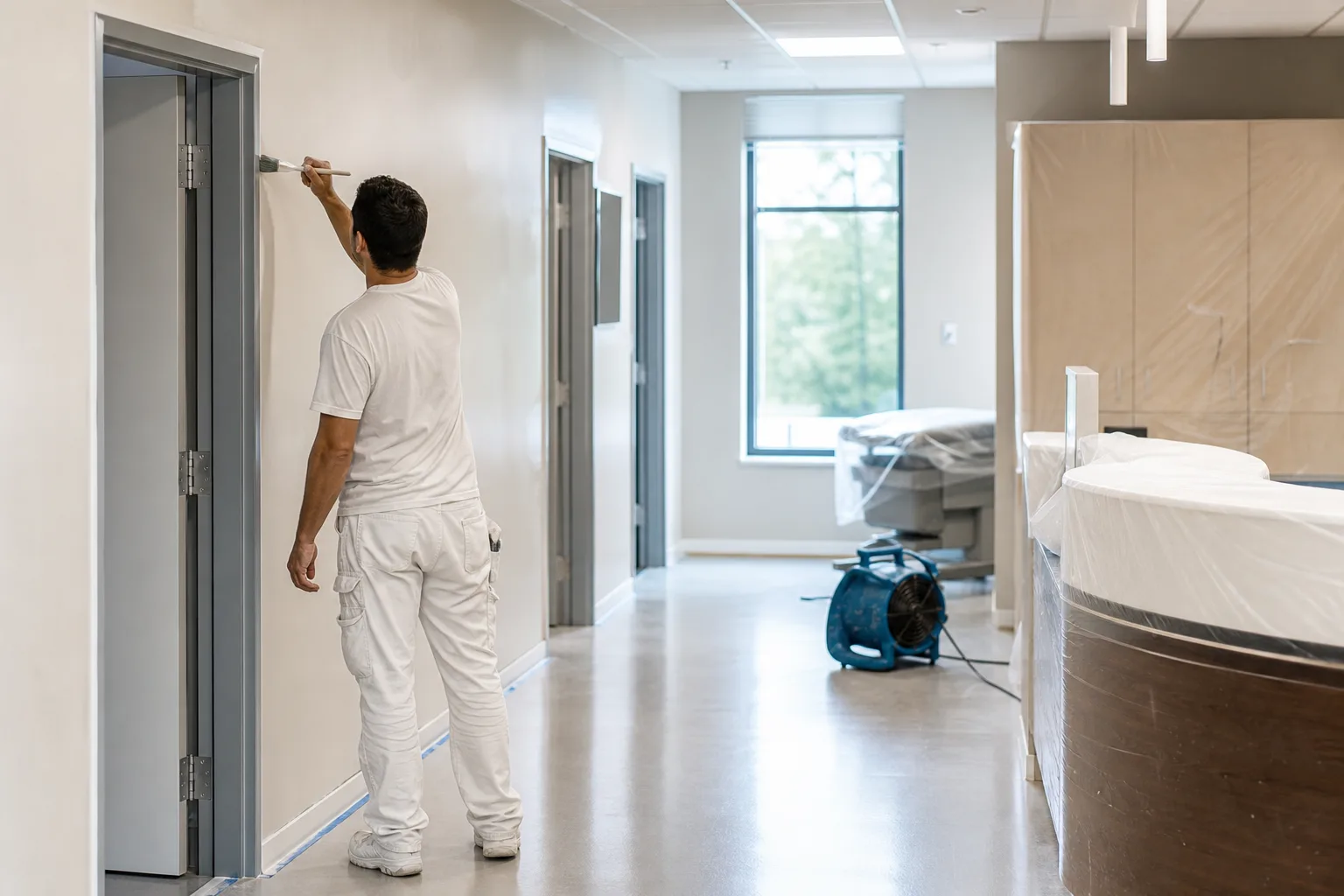 Low-odor commercial painting in an occupied medical office corridor with protected fixtures and an air mover