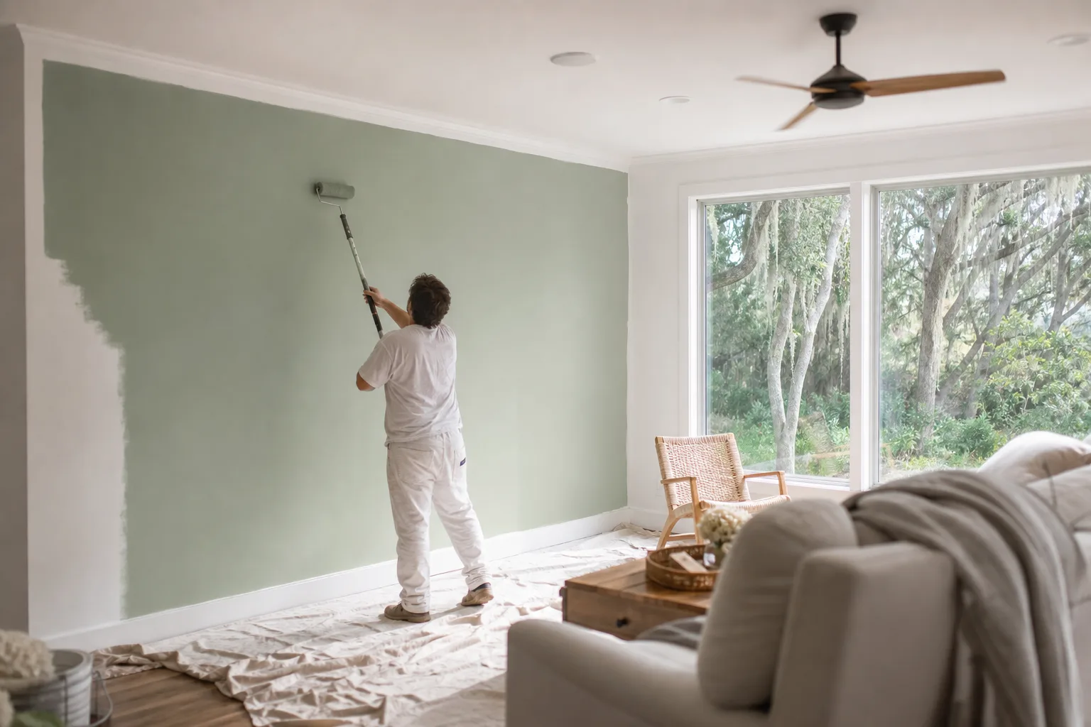 Painter applying low-VOC interior paint in a bright, well-ventilated Gulf Coast living room