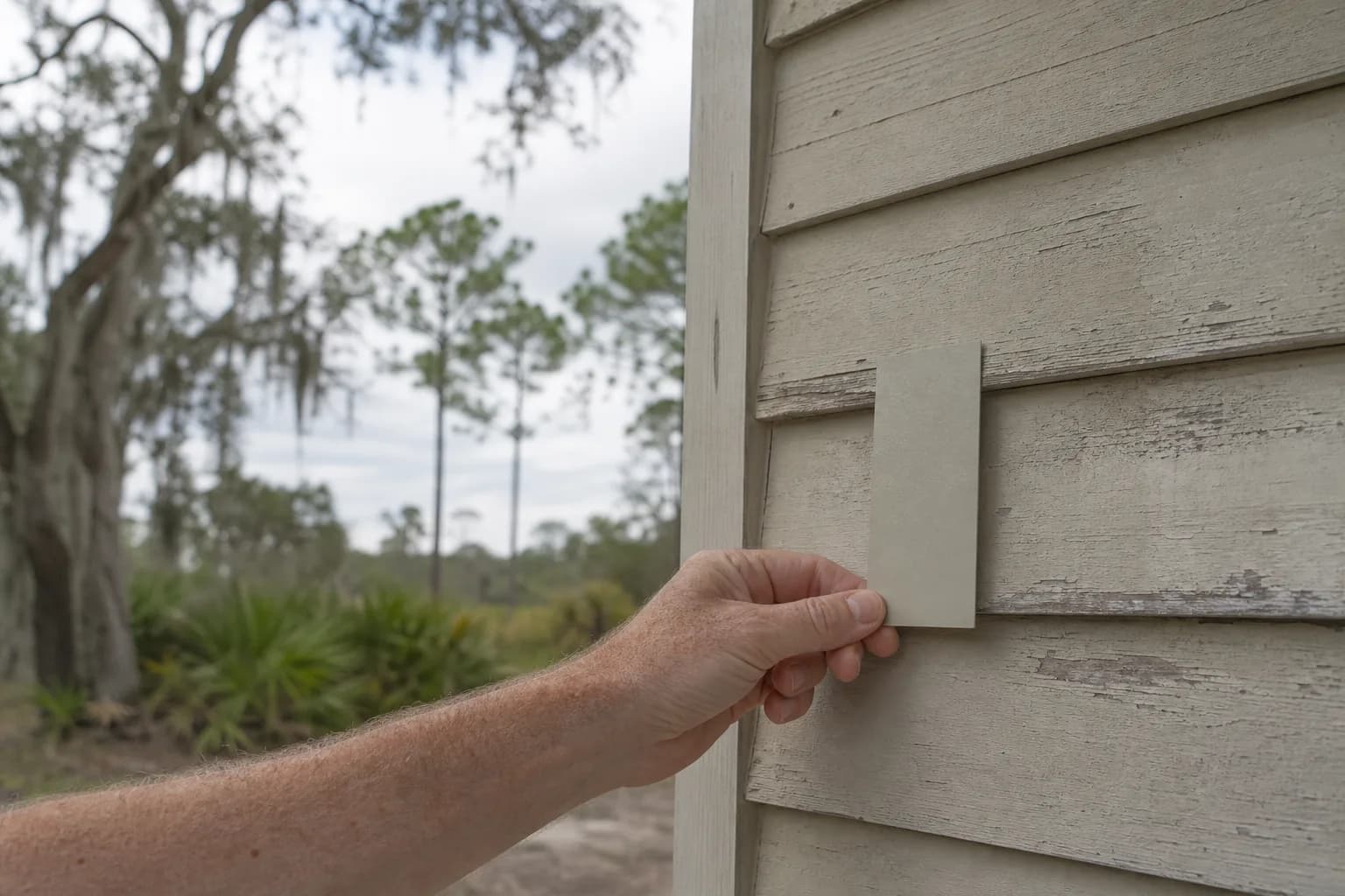 Brushing a matched paint sample against faded exterior siding to color match a repair on a Gulf Coast home