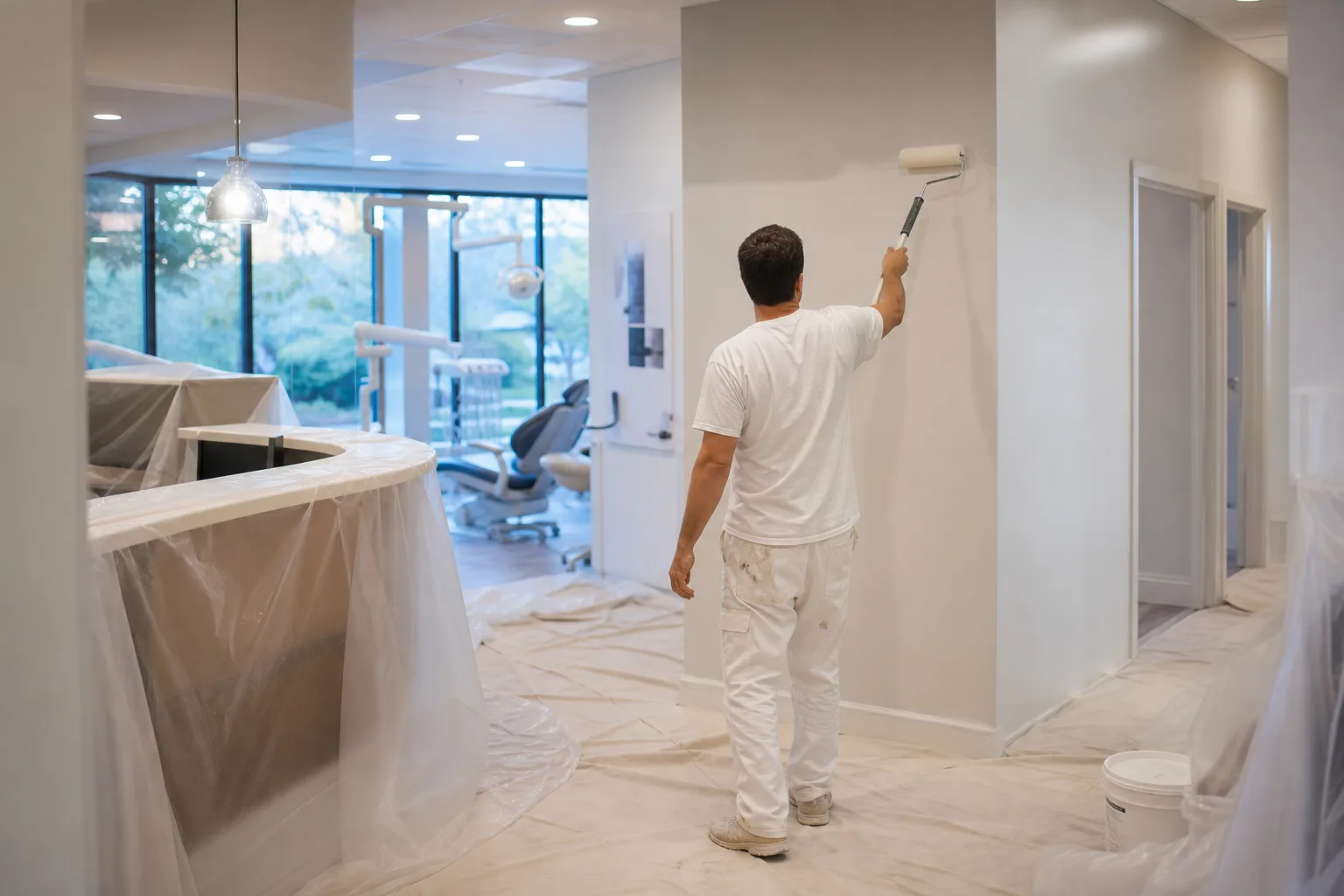 Painter repainting a dental office corridor after hours with protected floors and covered equipment, illustrating medical and dental office painting in Baldwin County