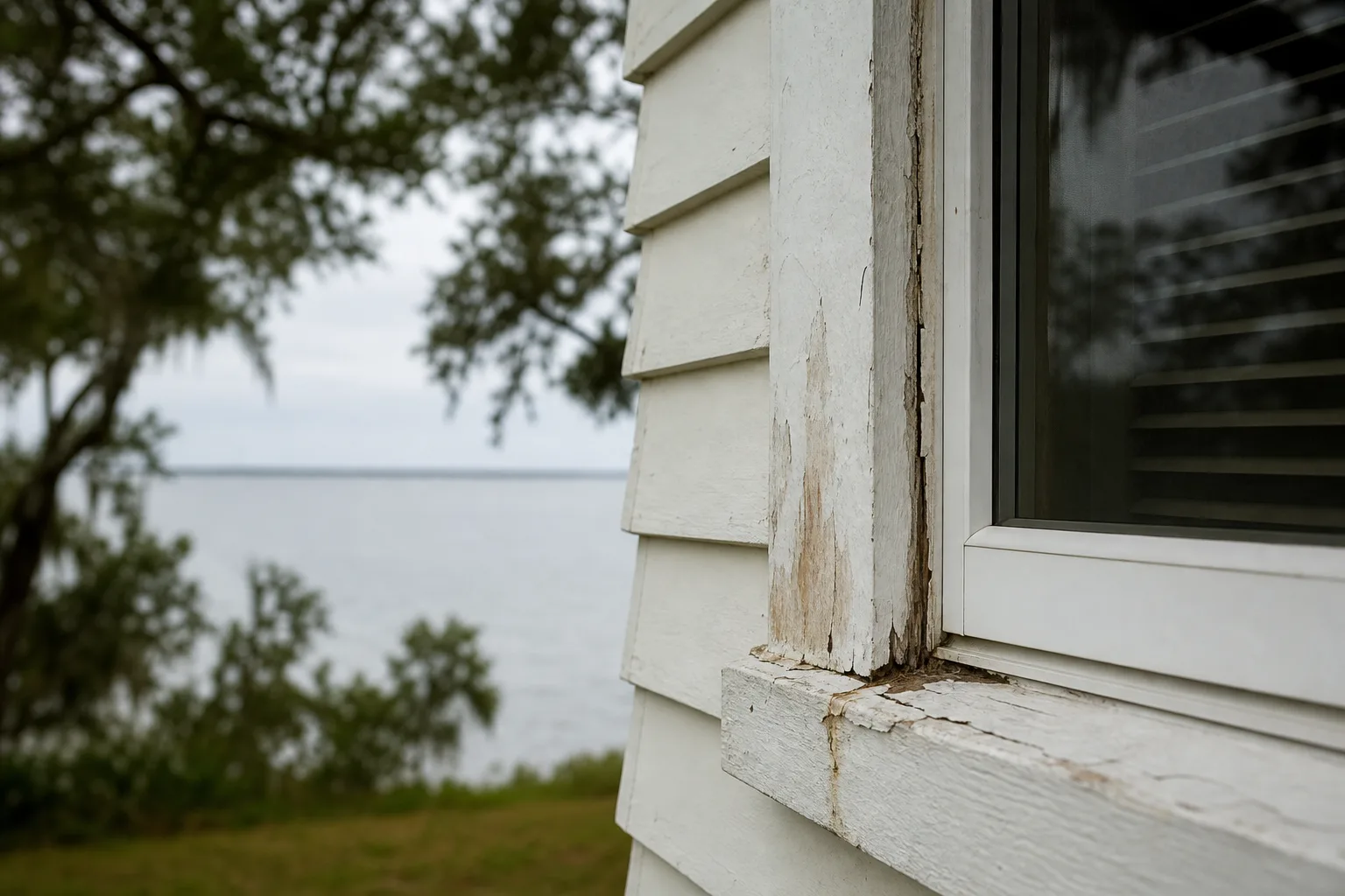 Failed caulk joint and water staining behind exterior paint at a window on a coastal home