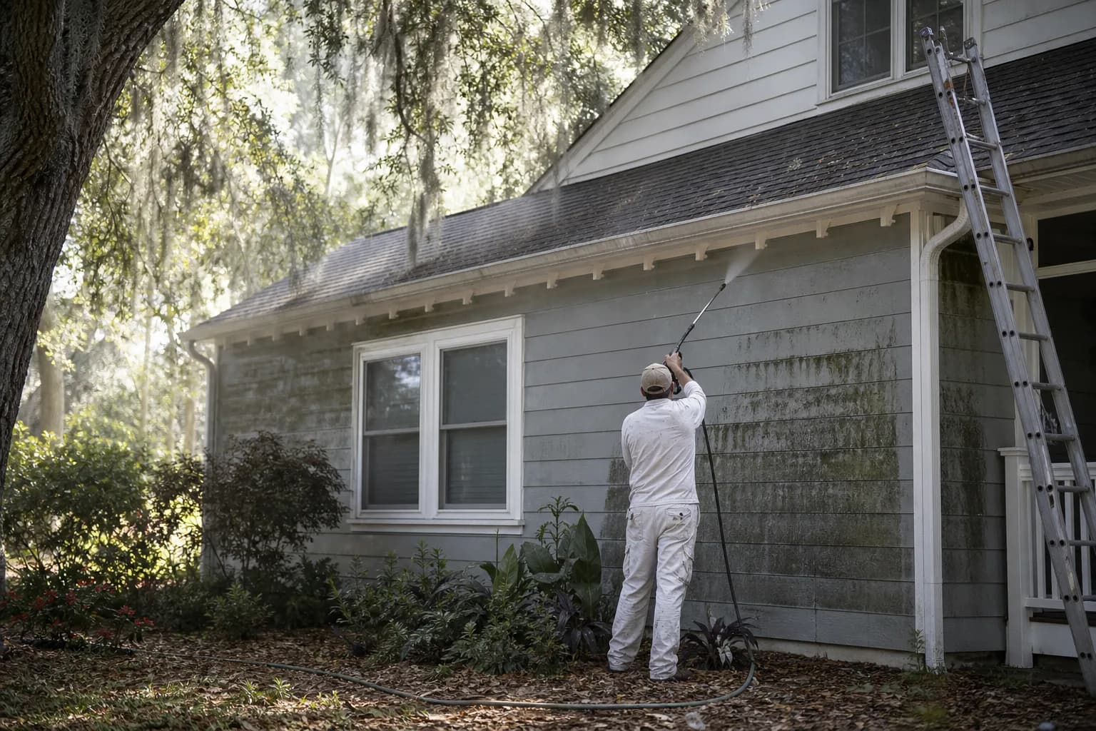 Painter washing mildew off the shaded exterior siding of a humid Gulf Coast home before applying mold-resistant paint