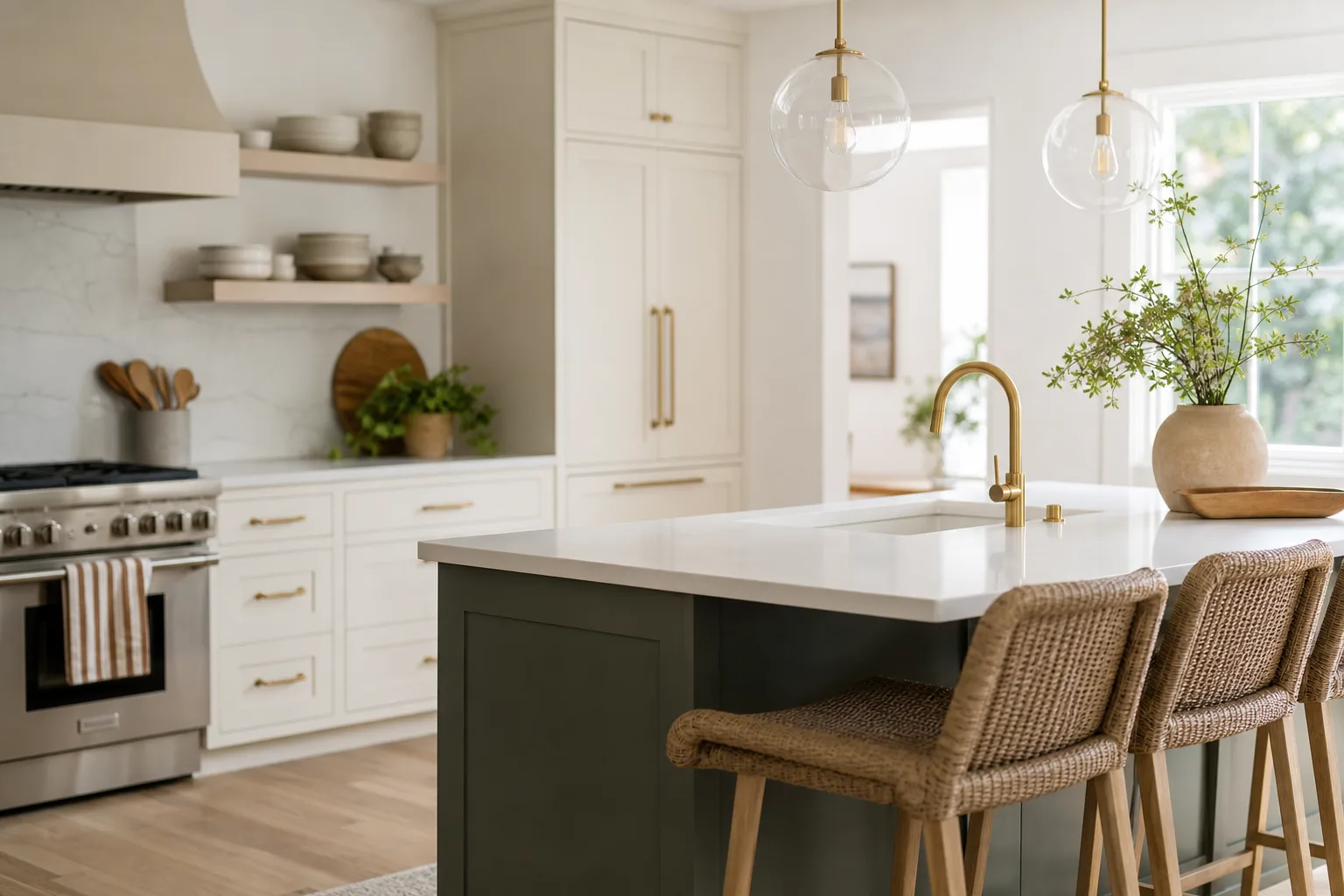Coastal kitchen with warm-white perimeter cabinets and a sage-green island showing popular 2026 cabinet colors