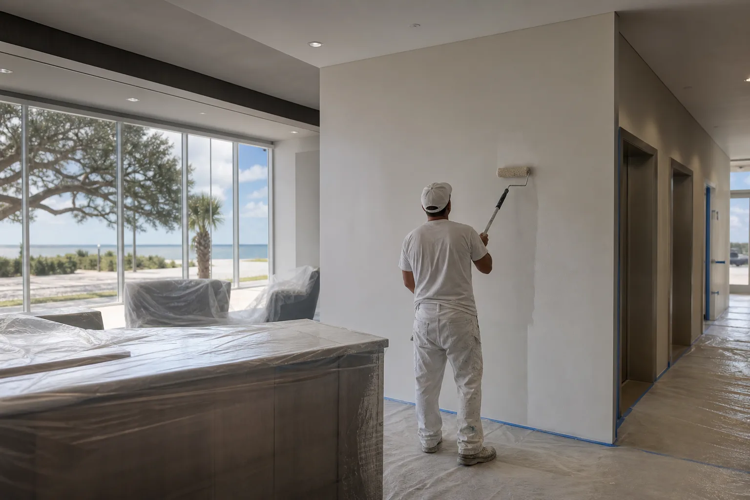 A commercial painter repainting a professional office building lobby in Mobile, Alabama