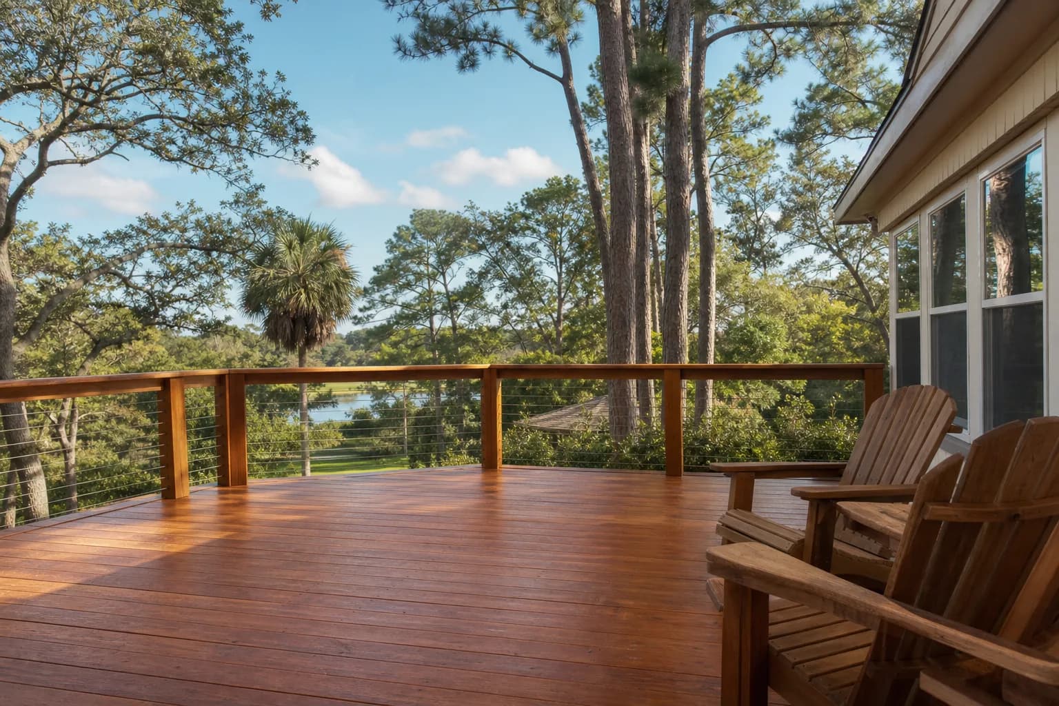 Freshly stained wooden deck on a coastal Alabama home surrounded by pines and oaks