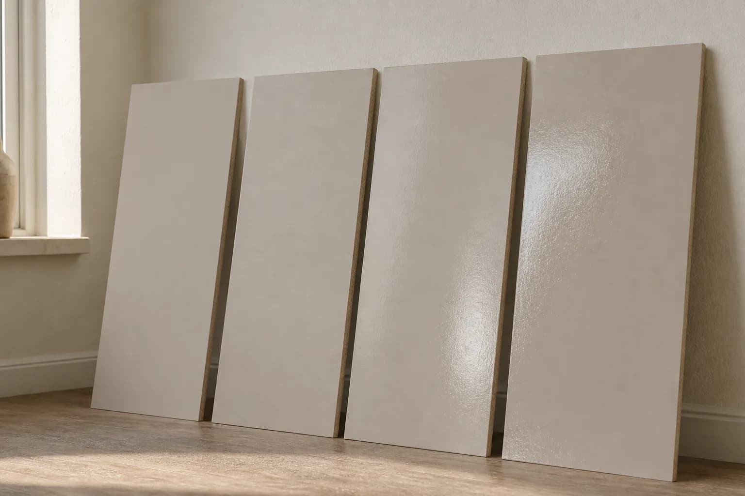 Four paint sample boards in flat, eggshell, satin, and semi-gloss sheens showing how each finish reflects light