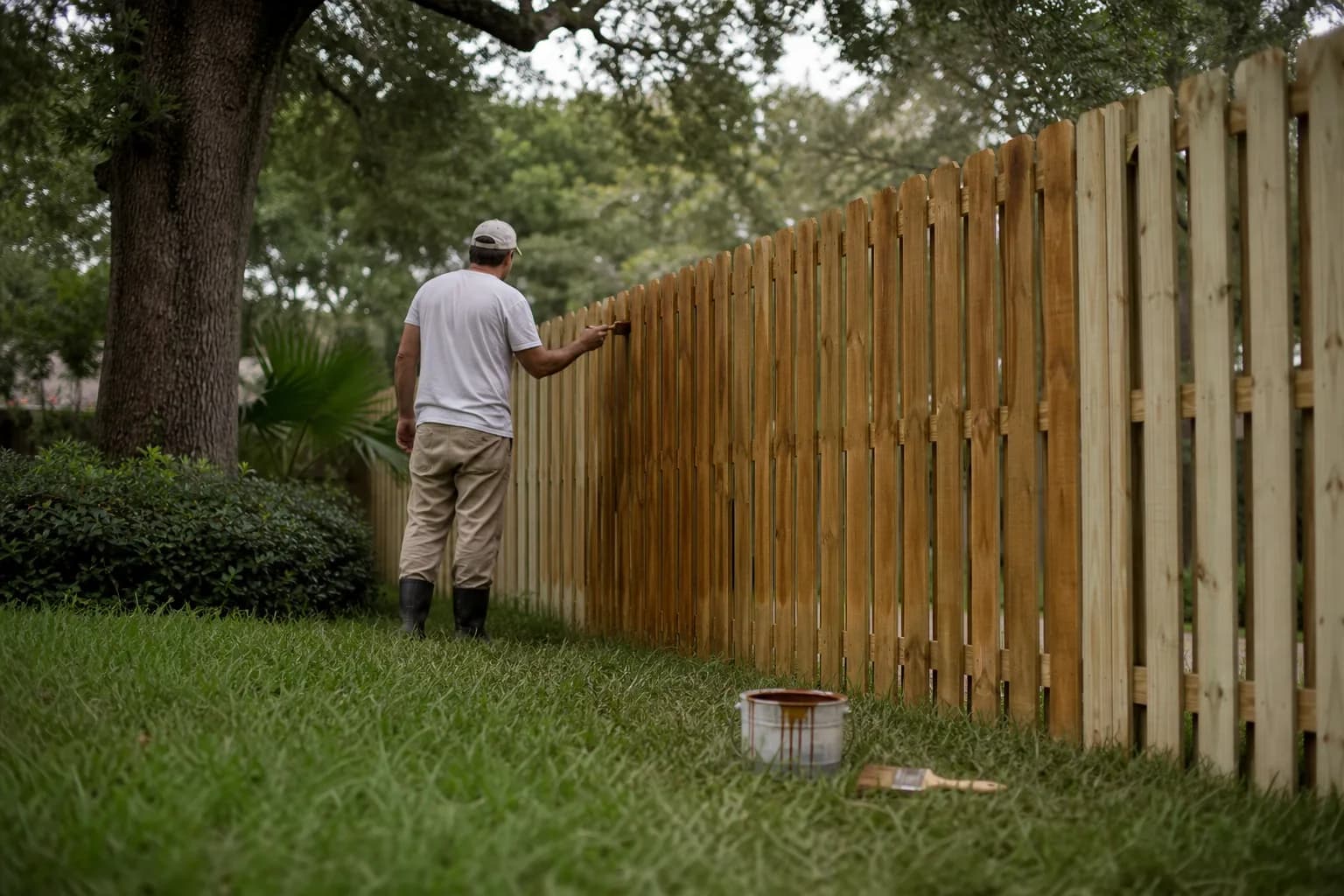 Painter staining a wood privacy fence in a humid Gulf Coast backyard, weighing paint vs stain