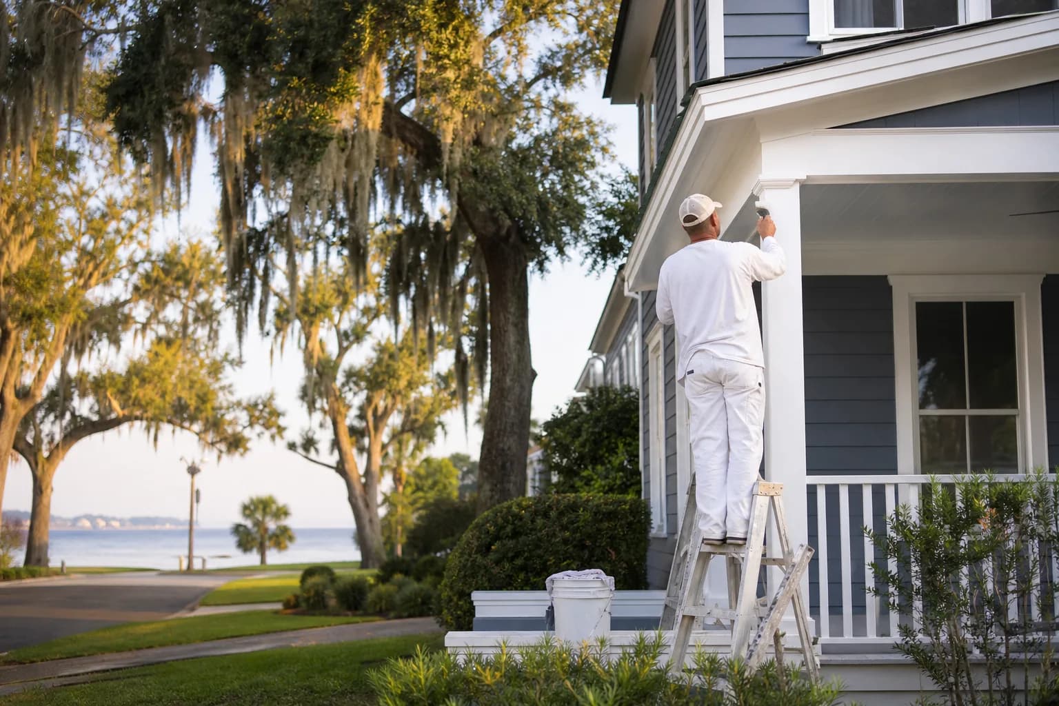 House painter refinishing a home's porch trim on a tree-lined street in Daphne, AL, near Mobile Bay