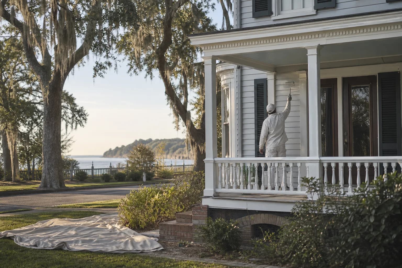 House painter working on the porch trim of a historic bayfront-area home in Fairhope, Alabama