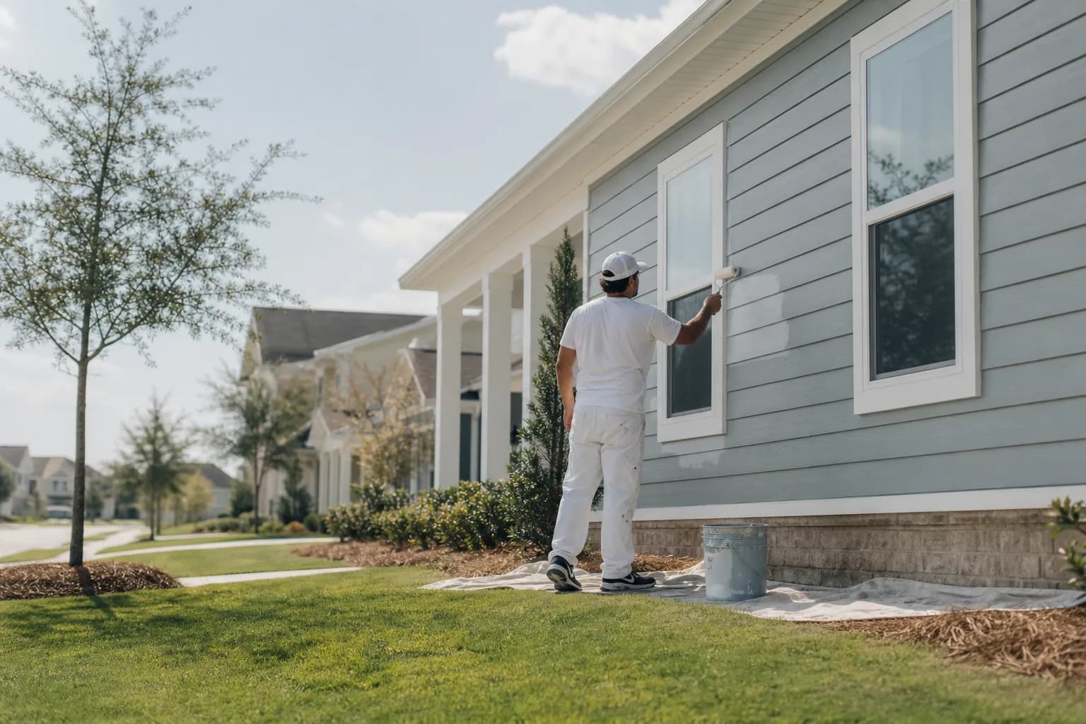 Painter repainting the siding of a newer Foley, Alabama subdivision home, illustrating how to hire house painters in Foley