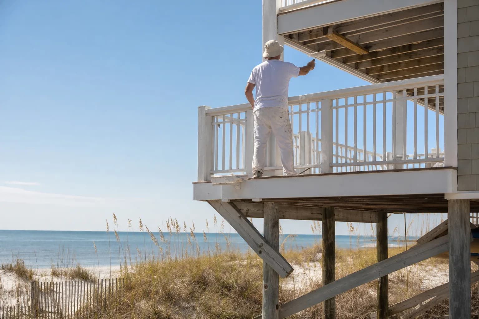 Painter refreshing the exterior railing of an elevated beach house near the Gulf Shores, AL dune line