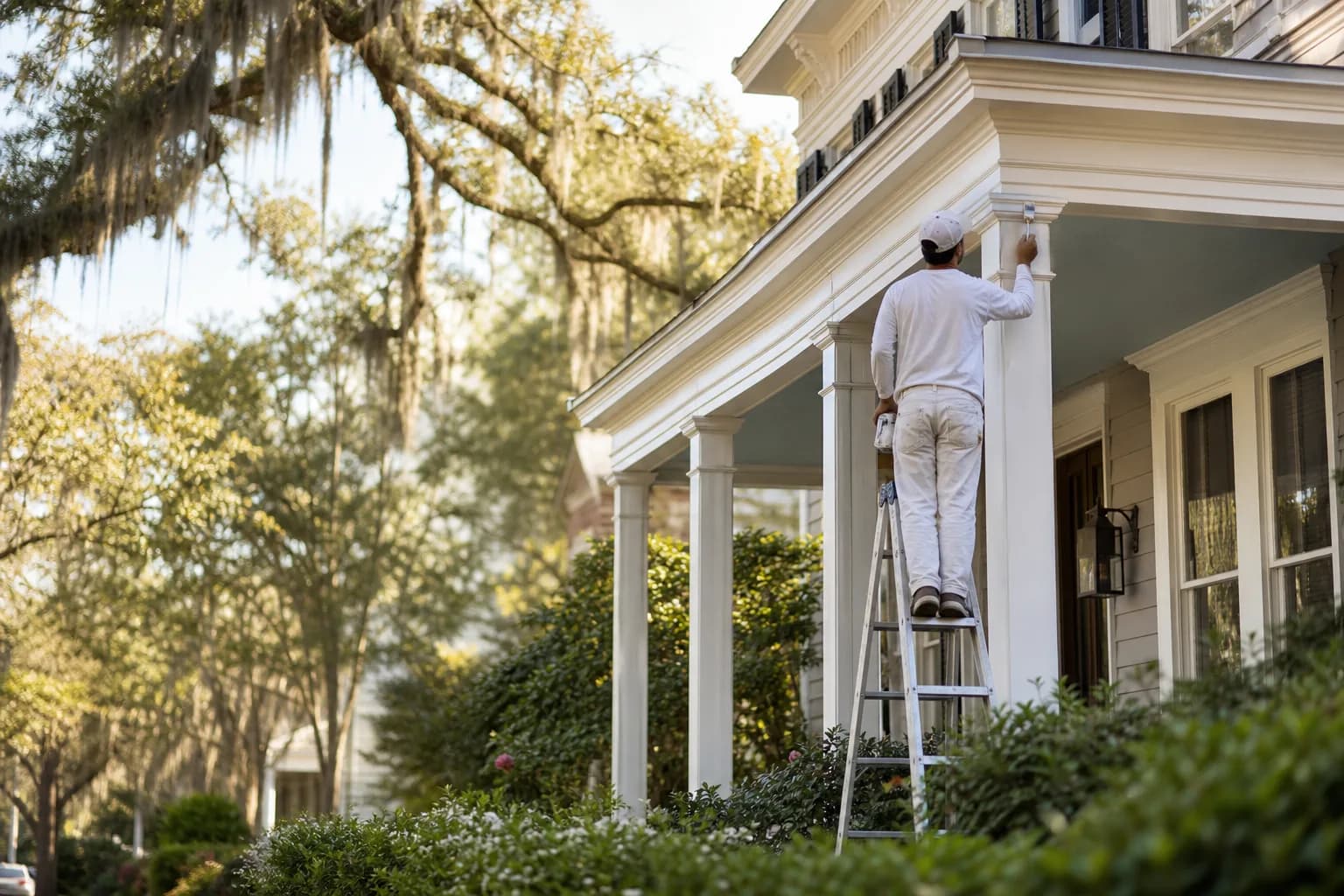House painters in Mobile, AL cutting in trim on a historic midtown home on a live-oak-lined street