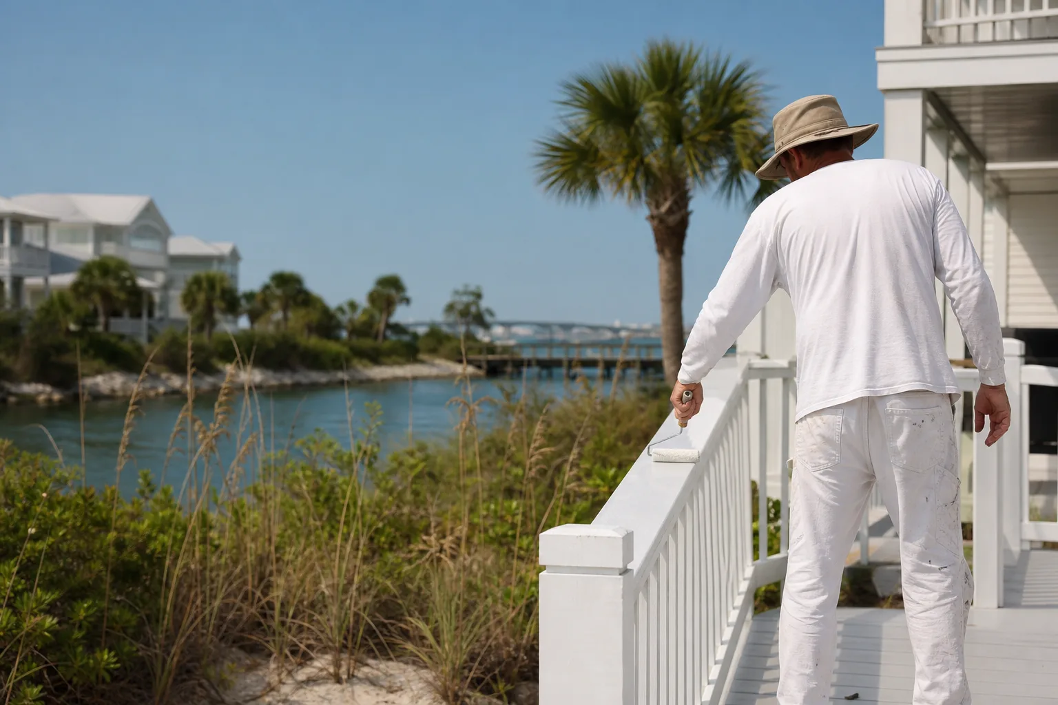 Painter refinishing the exterior railing of a coastal Orange Beach home near the water, illustrating painters in Orange Beach, AL