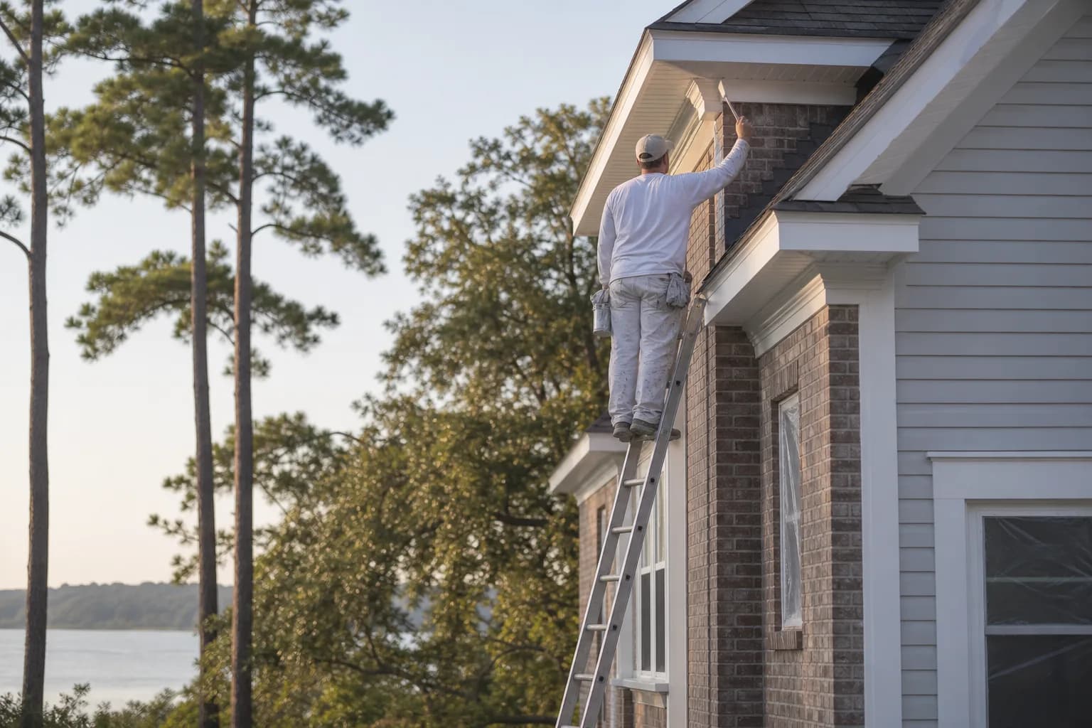 Painter prepping the eaves of a Spanish Fort, AL home for an Eastern Shore exterior repaint