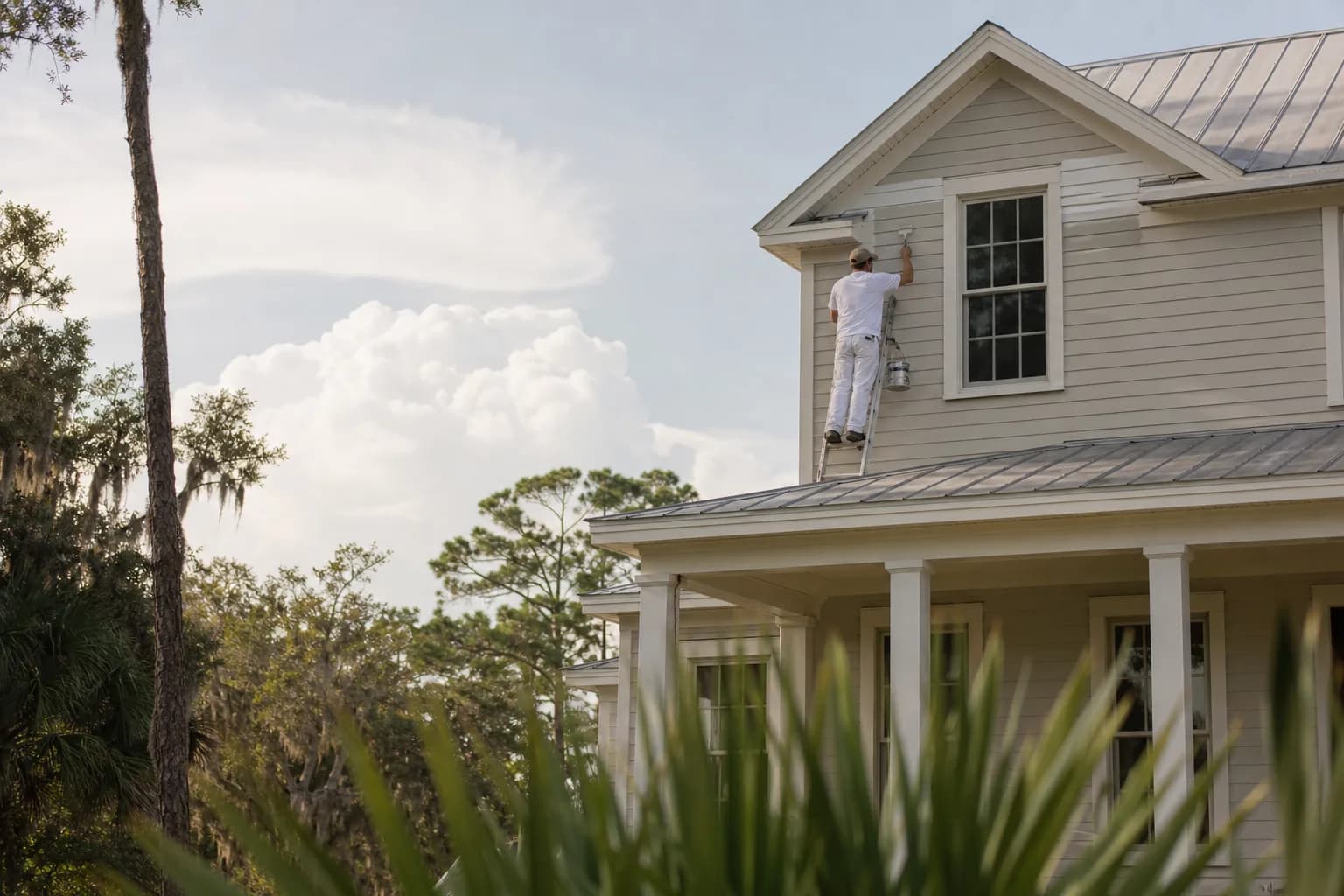 Painter timing an exterior project around Gulf Coast hurricane season under a partly cloudy sky