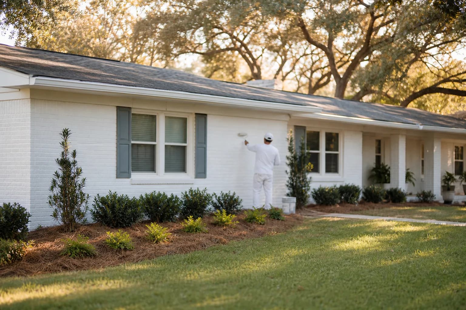 Coastal Alabama brick home freshly painted white, illustrating the pros and cons of painting brick