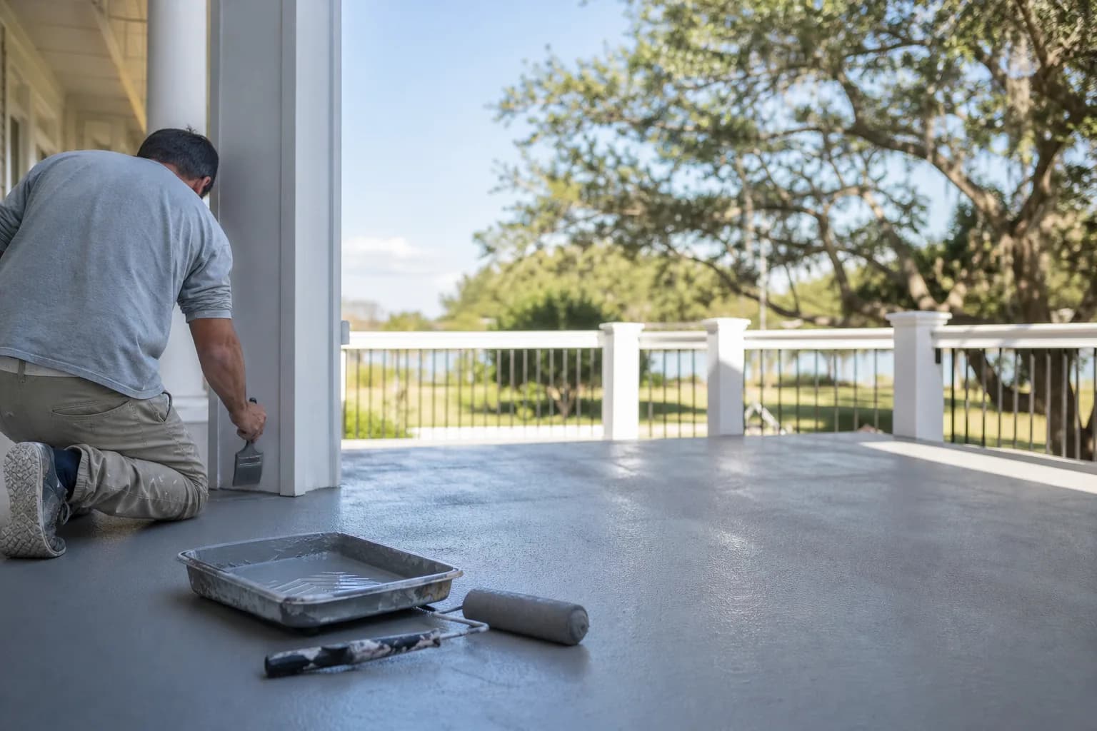Freshly painted gray concrete porch floor on a Gulf Coast home being edged with a brush, illustrating how to paint a porch or patio floor