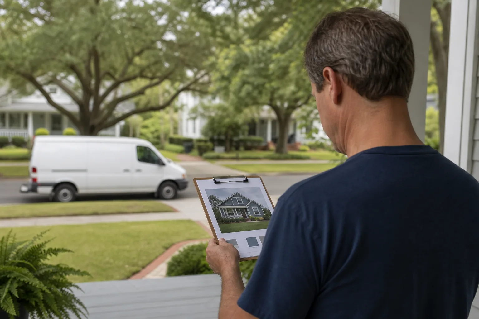 Homeowner reviewing a written painting estimate on a porch, illustrating how to spot painting contractor scams and red flags