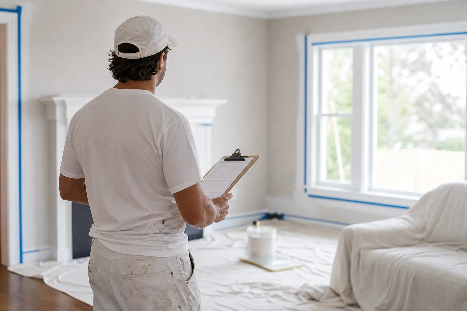 Painter reviewing a detailed written painting estimate on a clipboard inside a bright Gulf Coast home