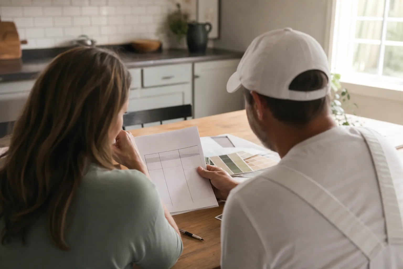 Homeowner and painter reviewing a written painting estimate and payment schedule at a kitchen table