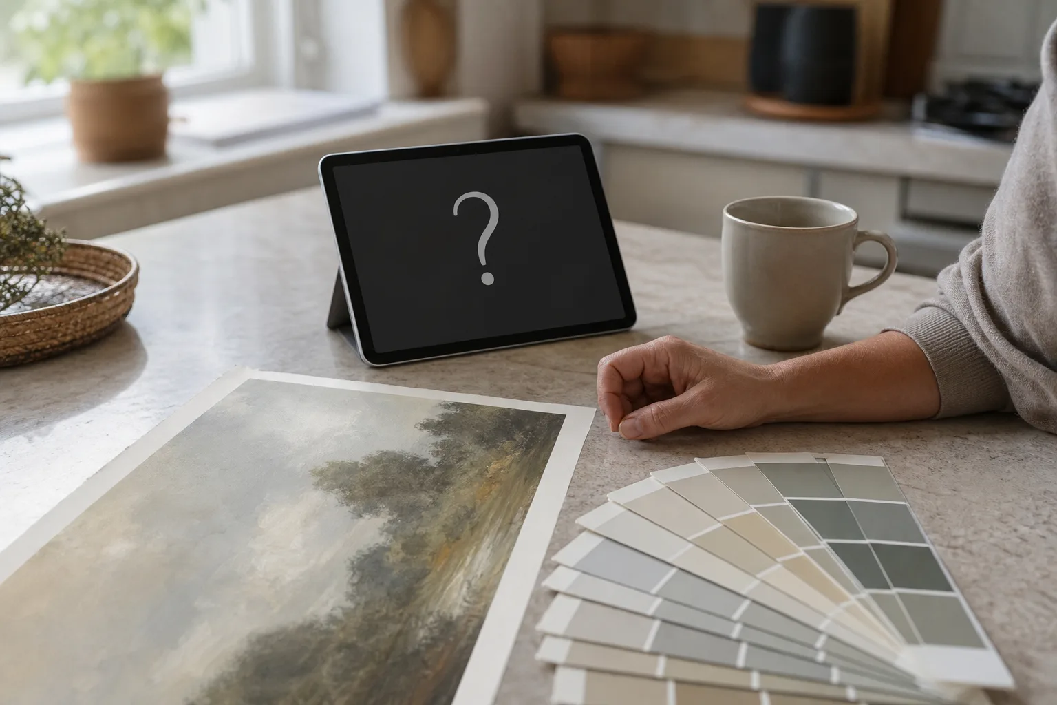 Homeowner reviewing a written painting estimate and comparing pricing questions at a kitchen counter