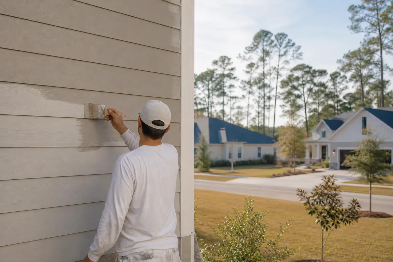Painter back-brushing fresh acrylic paint onto fiber-cement lap siding on a 2000s-era two-story home in a West Mobile subdivision