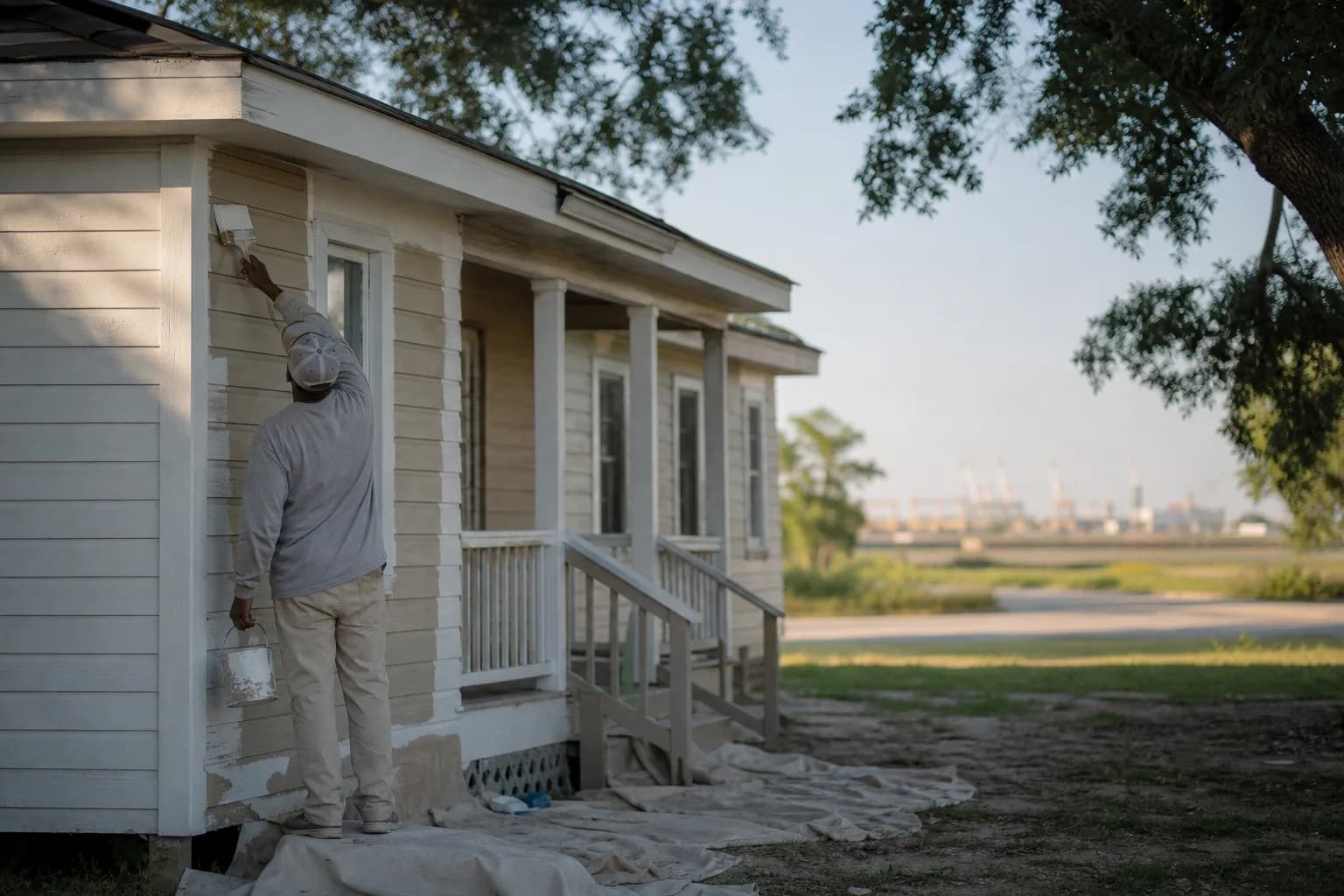 Africatown Mobile house painters repainting a modest historic frame home in north Mobile