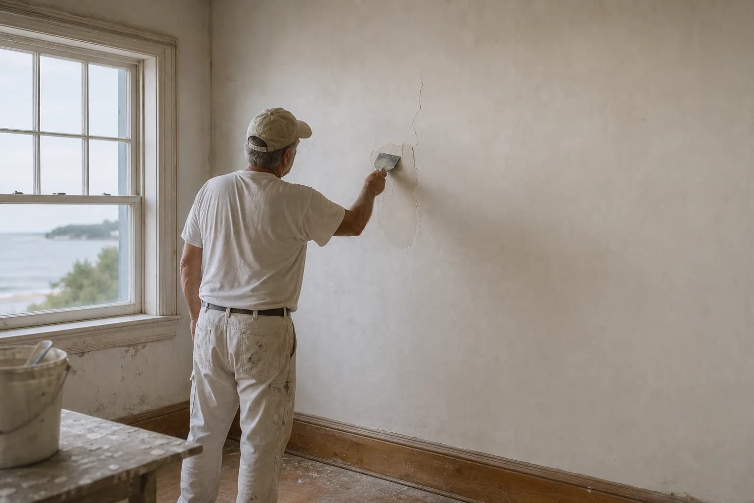Painter patching a plaster wall crack in an older coastal home before painting