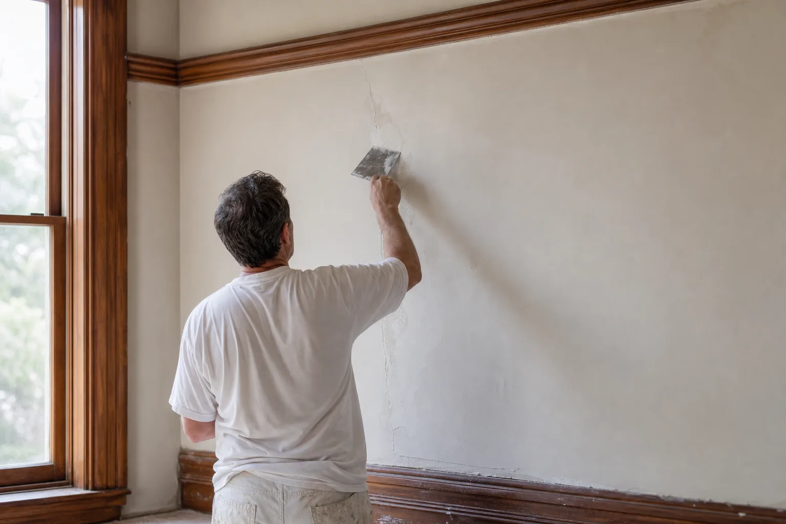 Painter patching a crack in a plaster wall in an older Mobile, AL home before painting